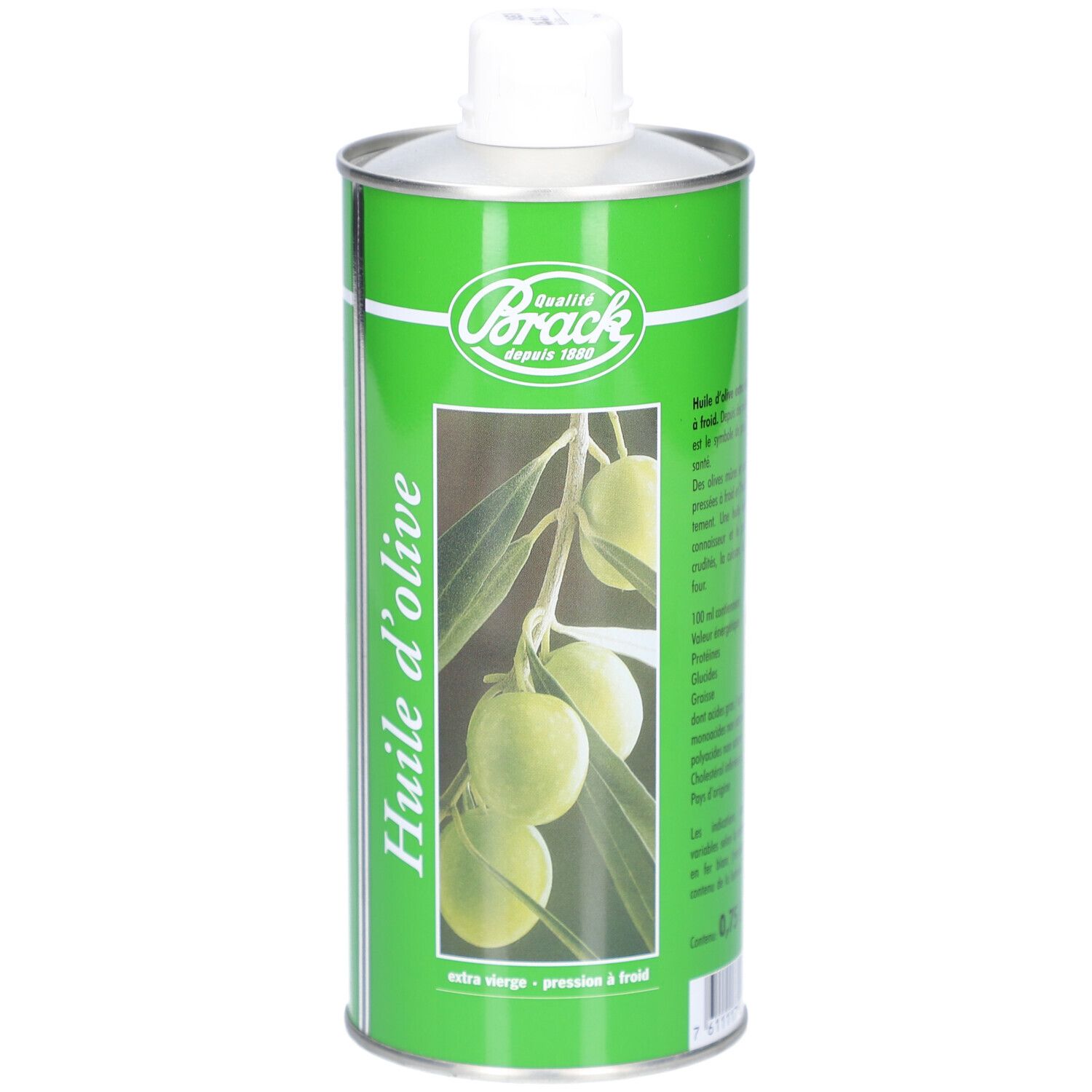 Grüne Metallflasche mit Etikett 'HUILE D'OLIVE'. Marke: Brack. Abbildung von Oliven und Zweigen. Deckel weiß. 0,75 l.