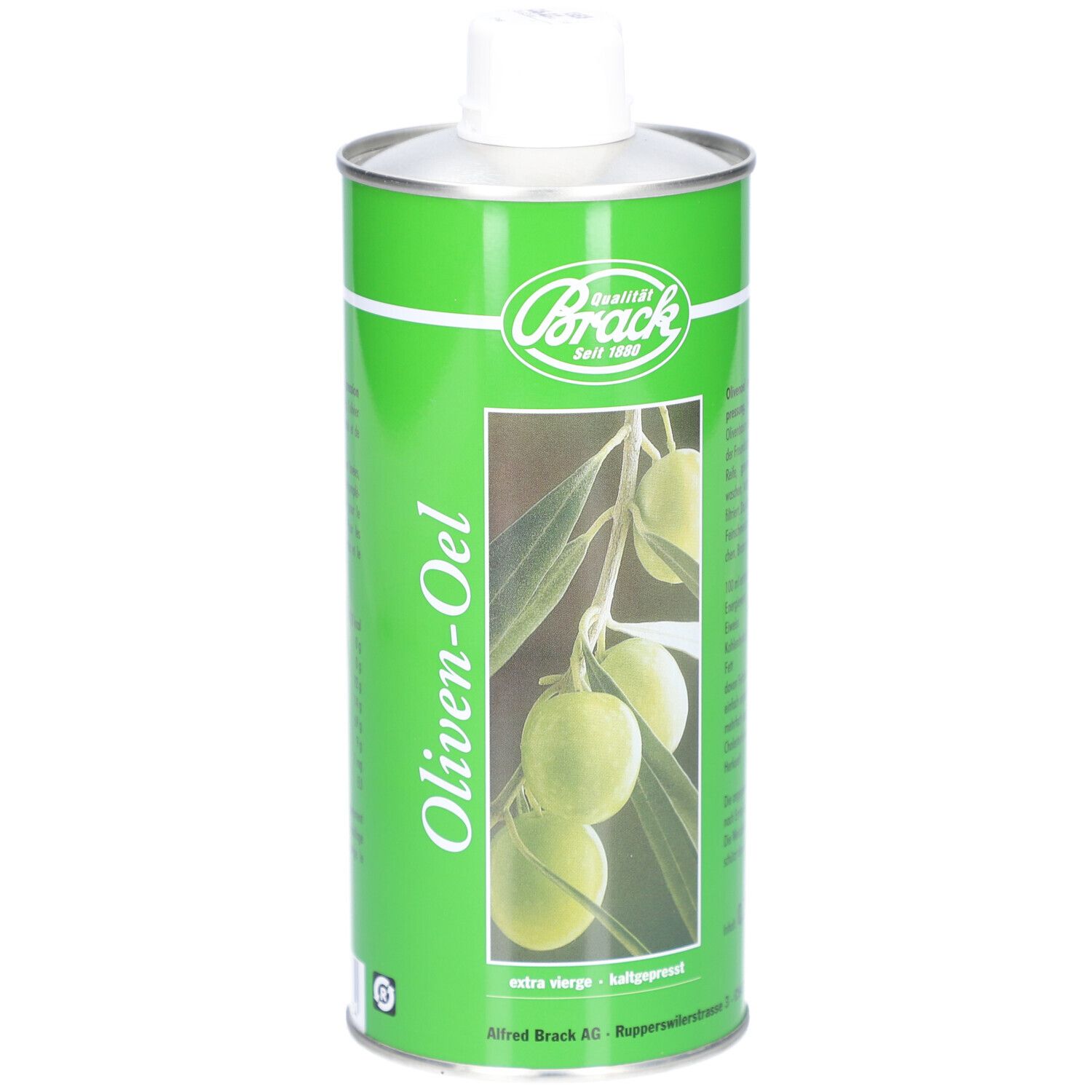Grüne Metallflasche mit Oliven-Oel-Etikett. Marke: Brack. Abbildung von Oliven und Zweigen. Deckel weiß. 0,75 l.