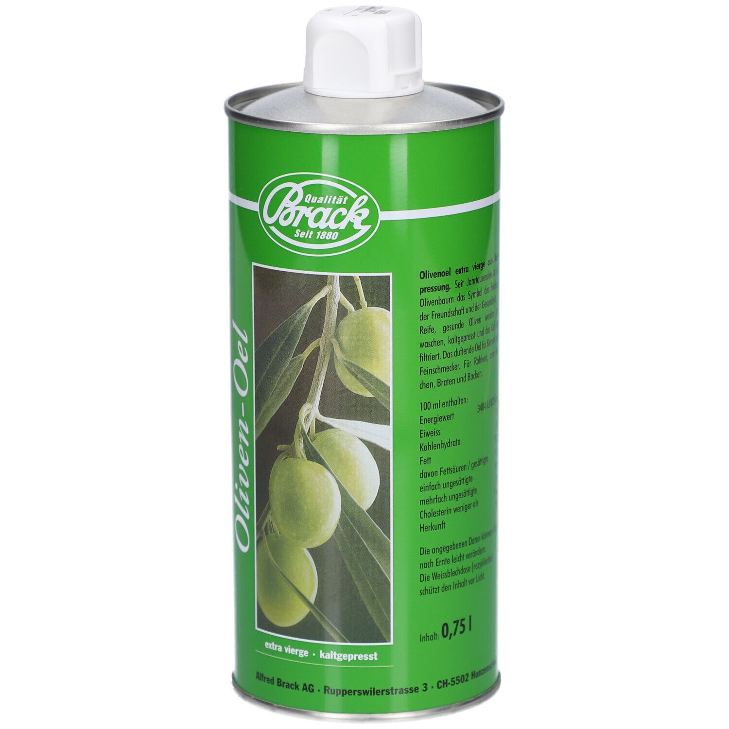 Grüne Metallflasche mit Oliven-Oel-Etikett. Marke: Brack. Abbildung von Oliven und Zweigen. Deckel weiß. 0,75 l.