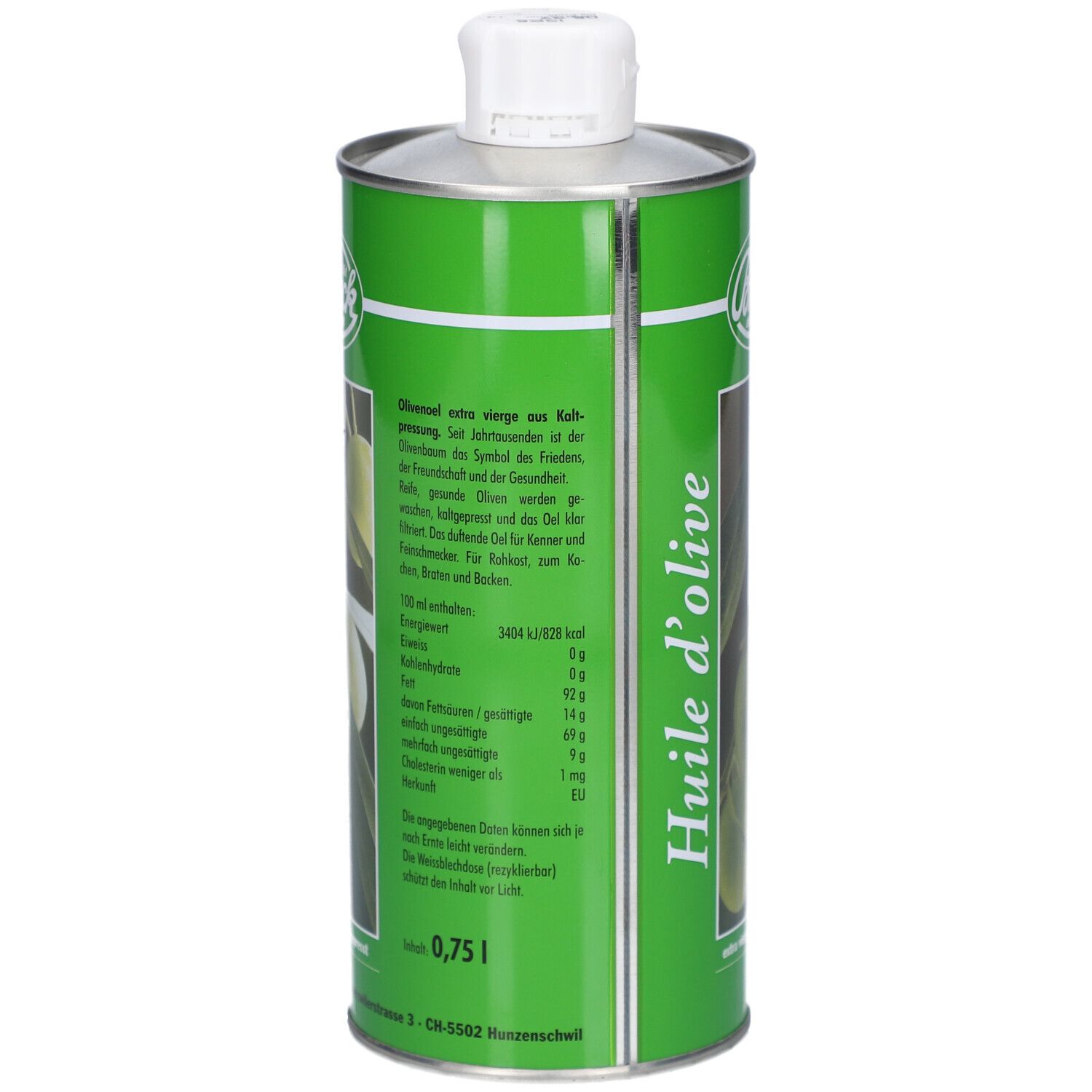 Rückseite der grünen Metallflasche. Text in Deutsch und Französisch. Nährwertangaben. 0,75 l. Marke: Brack.