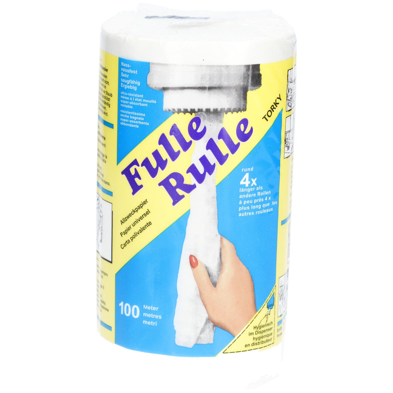 FULLE RULLE Ersatzpapierrolle. Weißes Papier in Folie verpackt. Aufdruck mit Produktname, Papierart, und 100 Meter. Hand mit Papier.