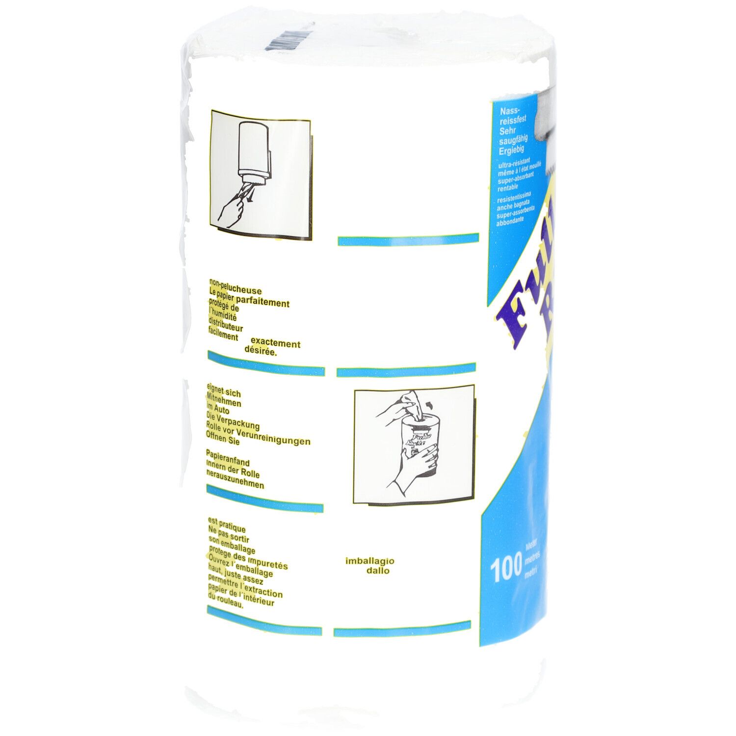 FULLE RULLE Ersatzpapierrolle. Weiße Papierrolle in Folie. Rückseite mit Anweisungen und Produktinformationen. 100 Meter.