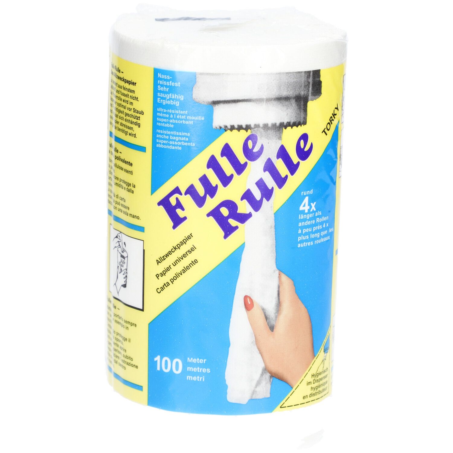 FULLE RULLE Ersatzpapierrolle. Weiße Papierrolle in Folie verpackt. Aufdruck mit Produktname, Papierart, und 100 Meter. Hand mit Papier.