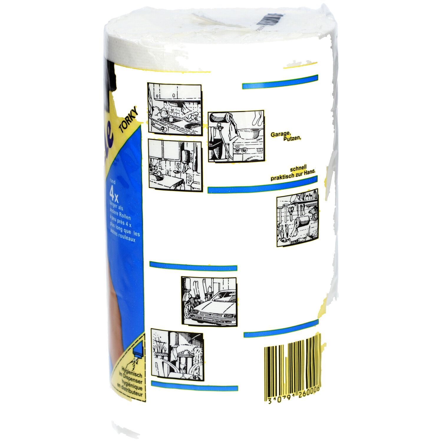 FULLE RULLE Ersatzpapierrolle. Weiße Papierrolle in Folie. Seitenansicht mit Produktinformationen und Barcode. Illustrationen.