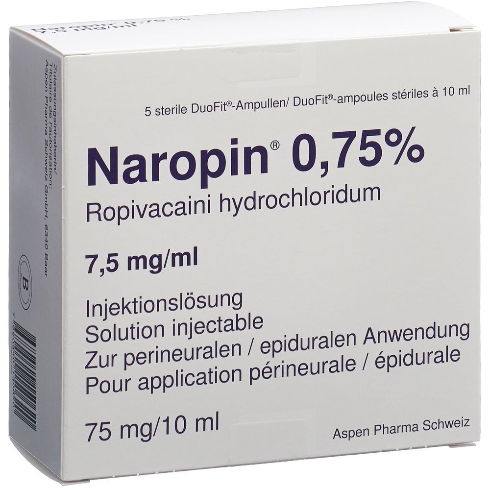 Karton mit Produktinformationen. Aufschrift: Naropin 0,75%. Enthält 75 mg/10 ml. Weiße Verpackung mit grauer Schrift.