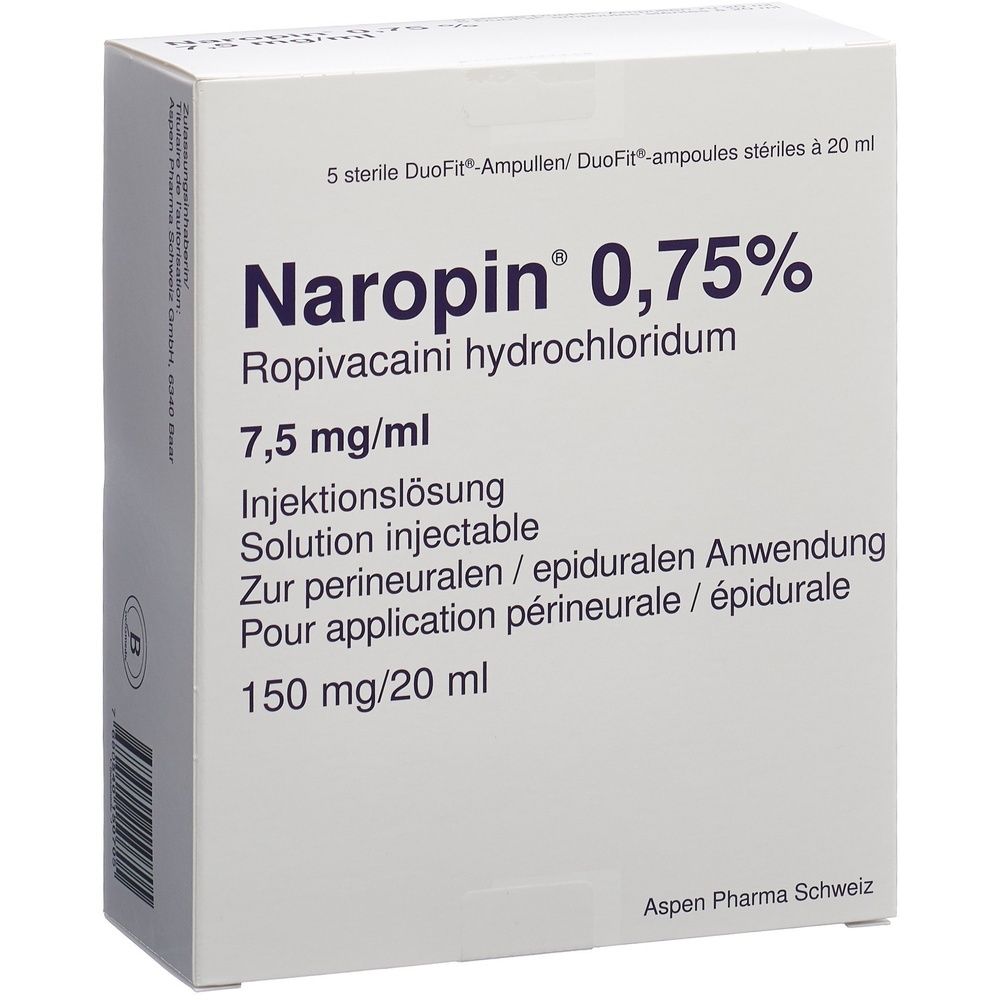 Karton mit Produktinformationen. Aufschrift: Naropin 0,75%.