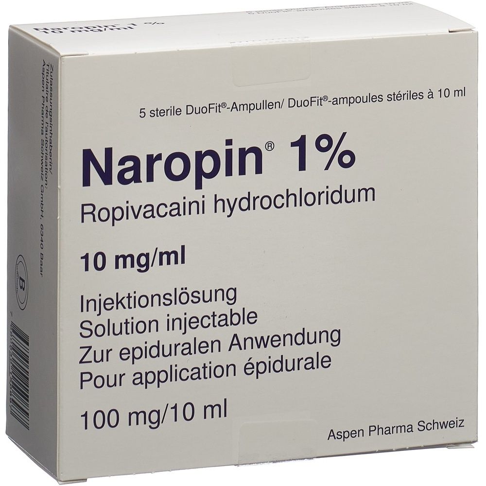Karton mit Produktbeschriftung. Aufschrift: Naropin 1%. Weitere Textinformationen und Mengenangabe.