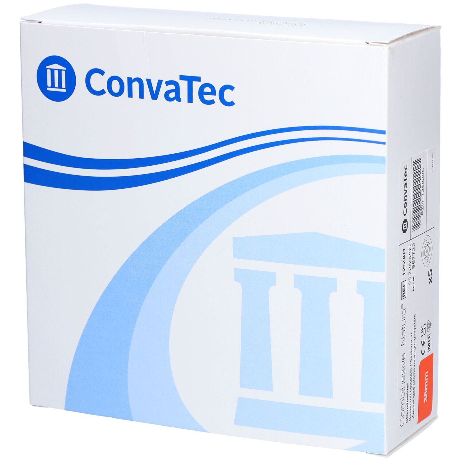 Weiße Verpackung mit blauem Logo und Schriftzug ConvaTec. Auf der Verpackung sind blaue Wellen und ein roter Streifen zu sehen.