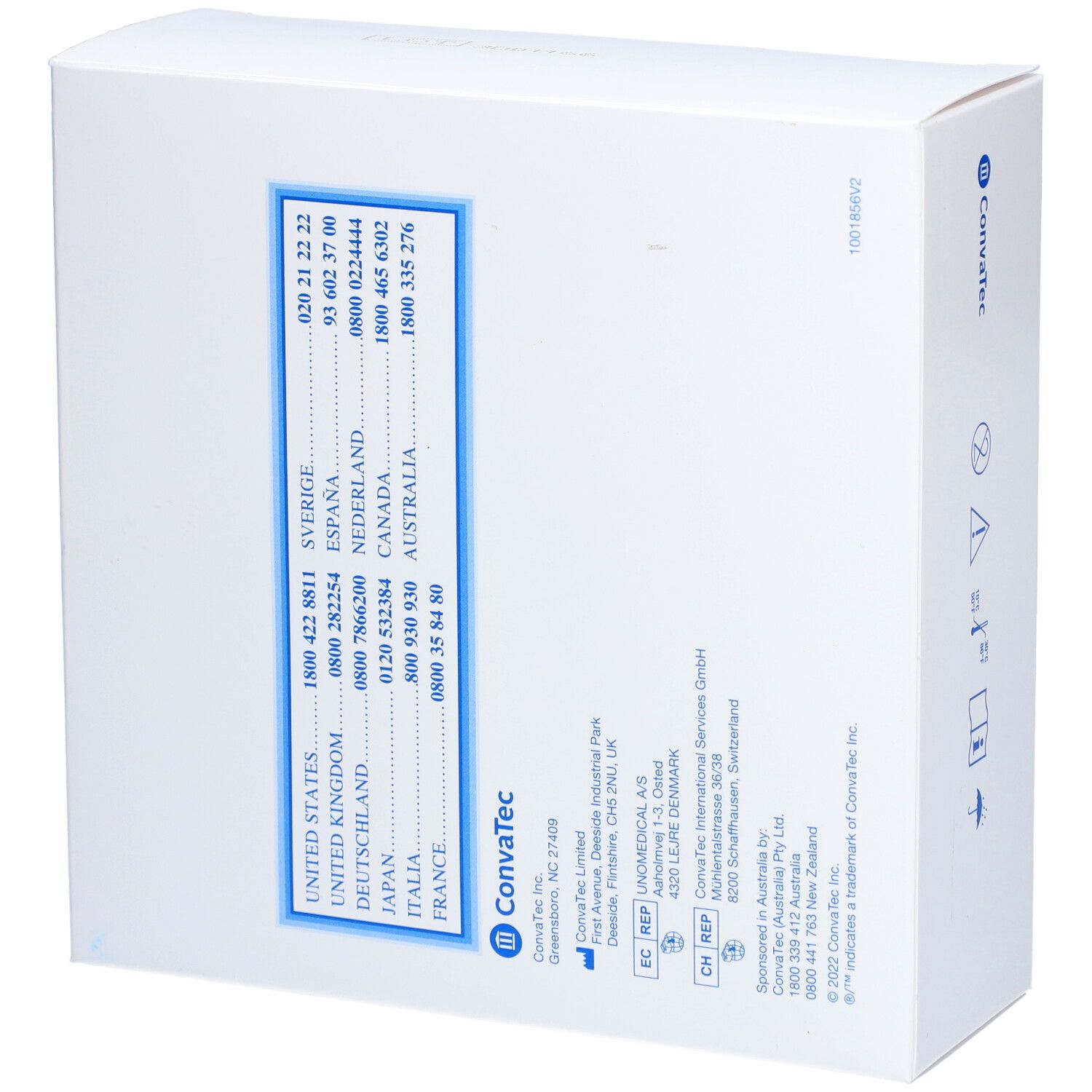 Weiße Verpackung mit blauem Logo ConvaTec. Auf der Rückseite sind Kontaktinformationen und Logos abgebildet.