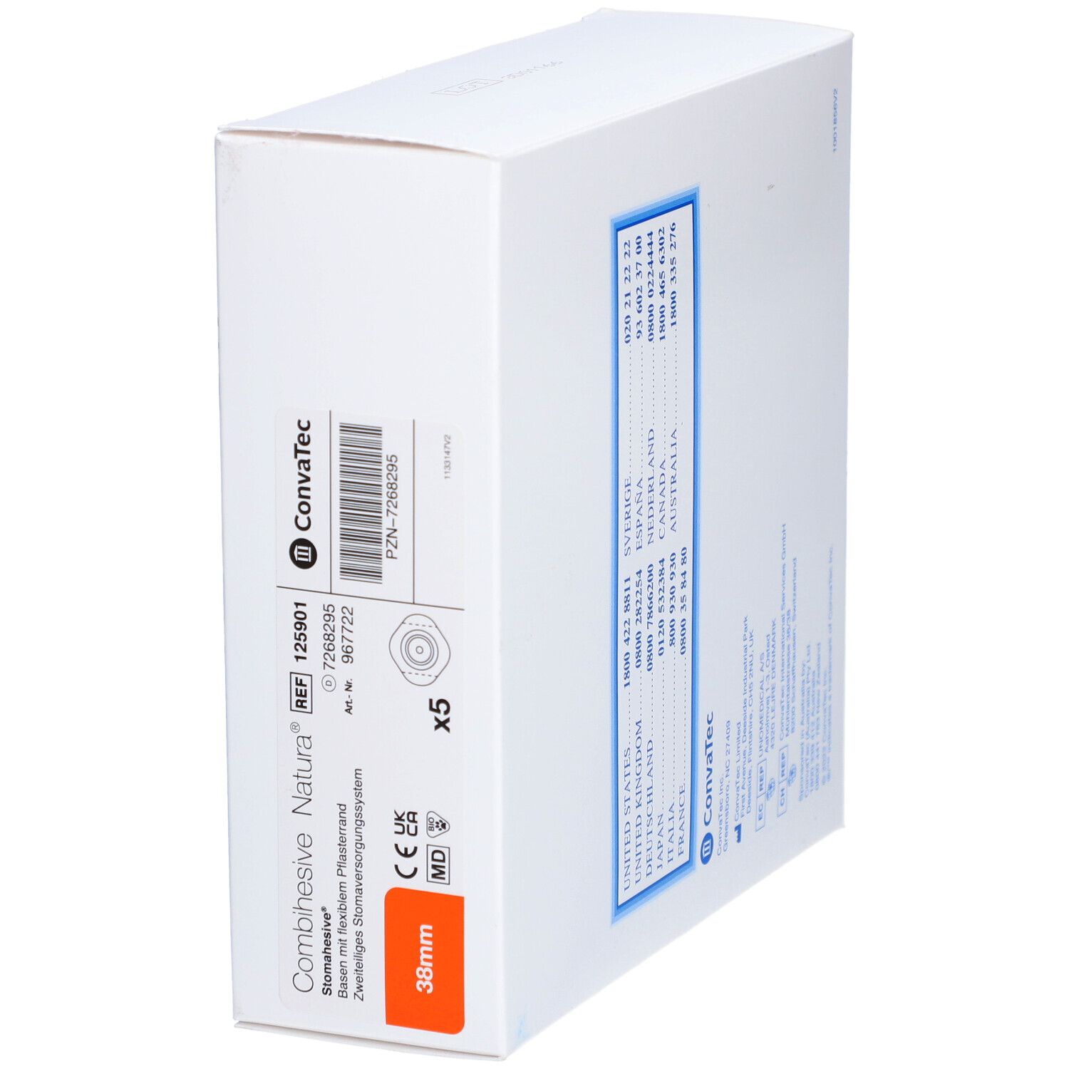 Weiße Verpackung mit blauem Logo und Schriftzug ConvaTec. Auf der Verpackung sind Produktinformationen und ein roter Streifen zu sehen.