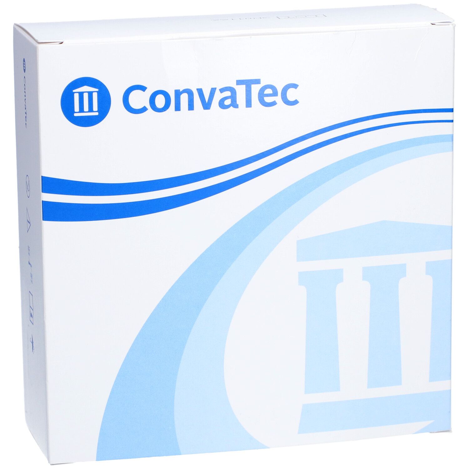 Weiße Verpackung mit blauem Logo und Schriftzug ConvaTec. Auf der Verpackung sind blaue Wellen und ein blaues Design zu sehen.