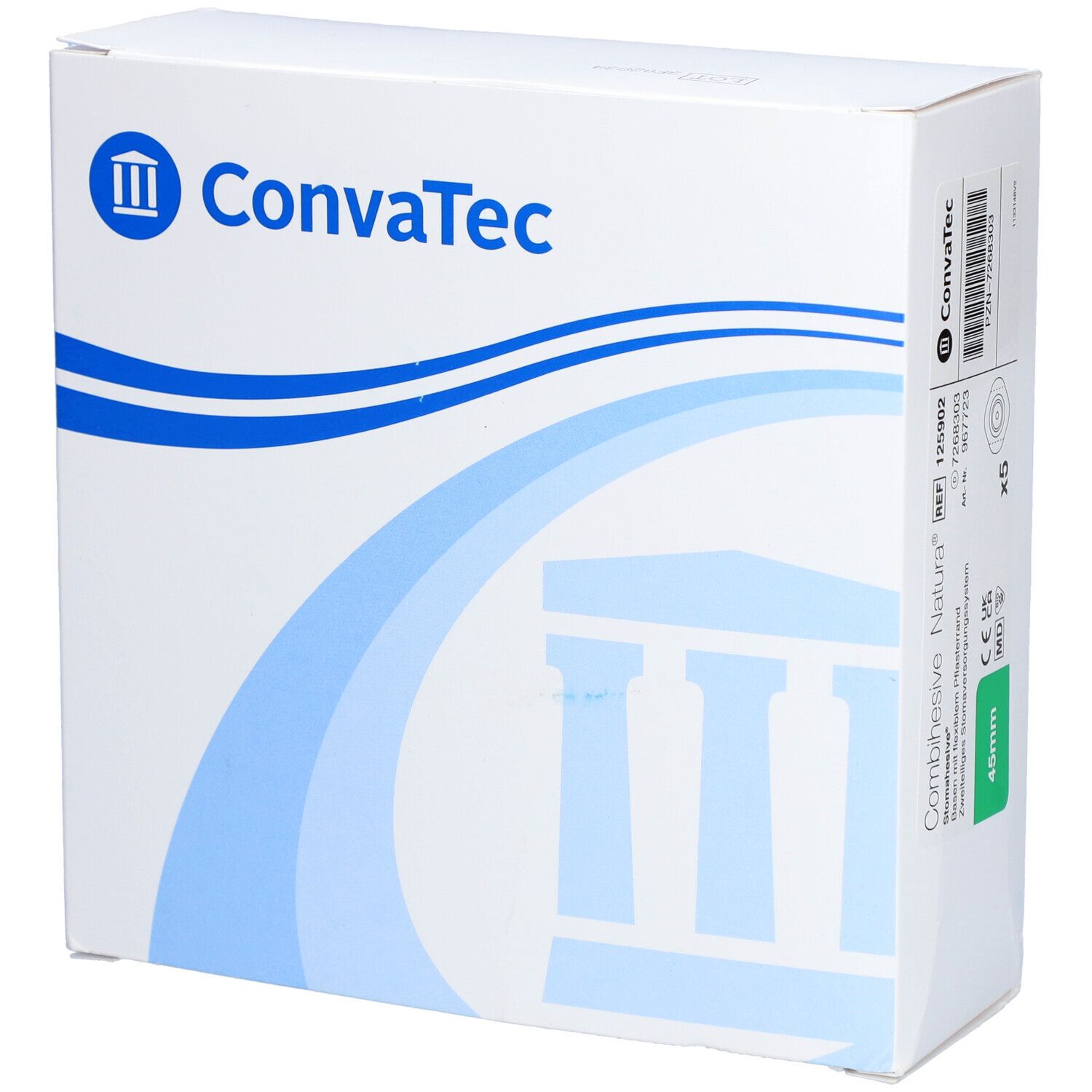 Weiße Verpackung mit blauem Logo von ConvaTec. Aufschrift: ConvaTec Natura, 45mm. Produktverpackung.