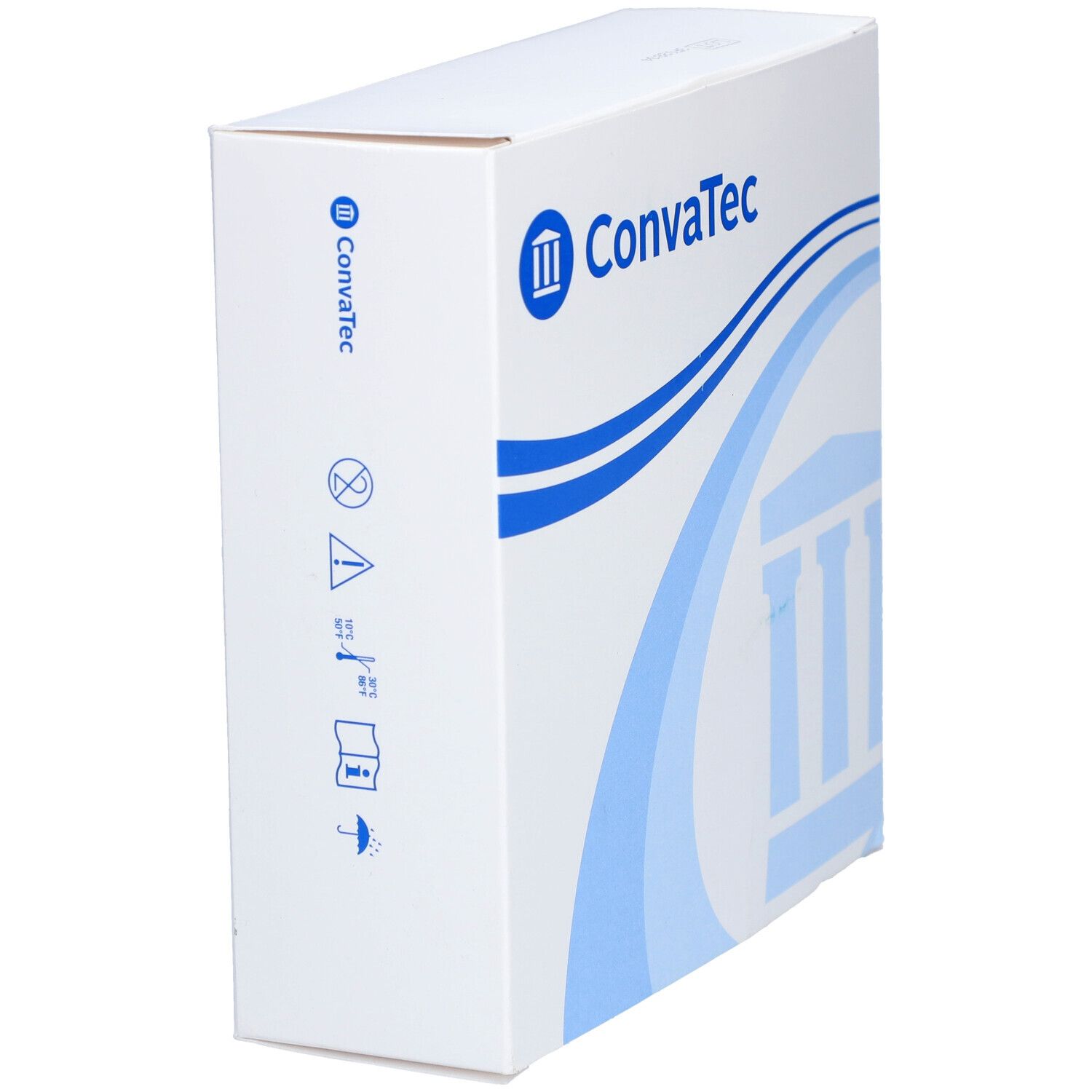 Weiße Verpackung mit blauem ConvaTec Logo. Auf der Seite Piktogramme und Warnhinweise. Produktverpackung.