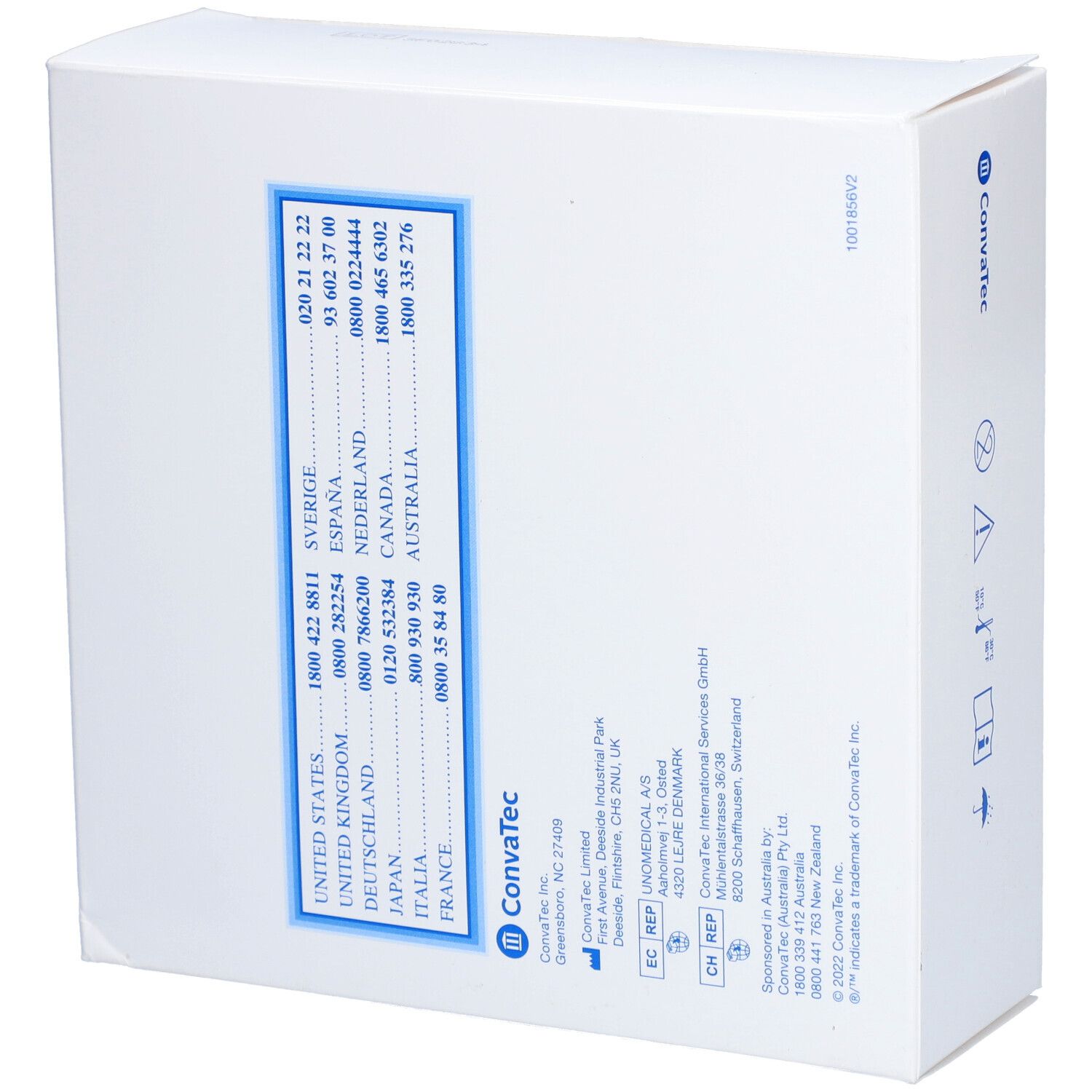 Rückseite einer weißen Verpackung mit Kontaktinformationen für ConvaTec. Mehrere Telefonnummern.