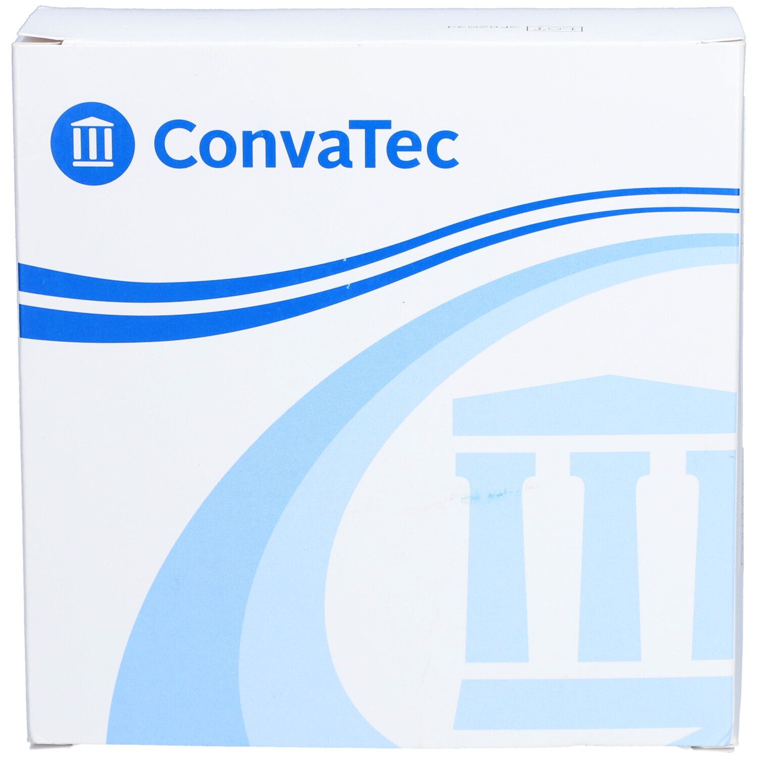 Weiße quadratische Verpackung mit blauem ConvaTec Logo. Wellenmuster und Säulen-Design.