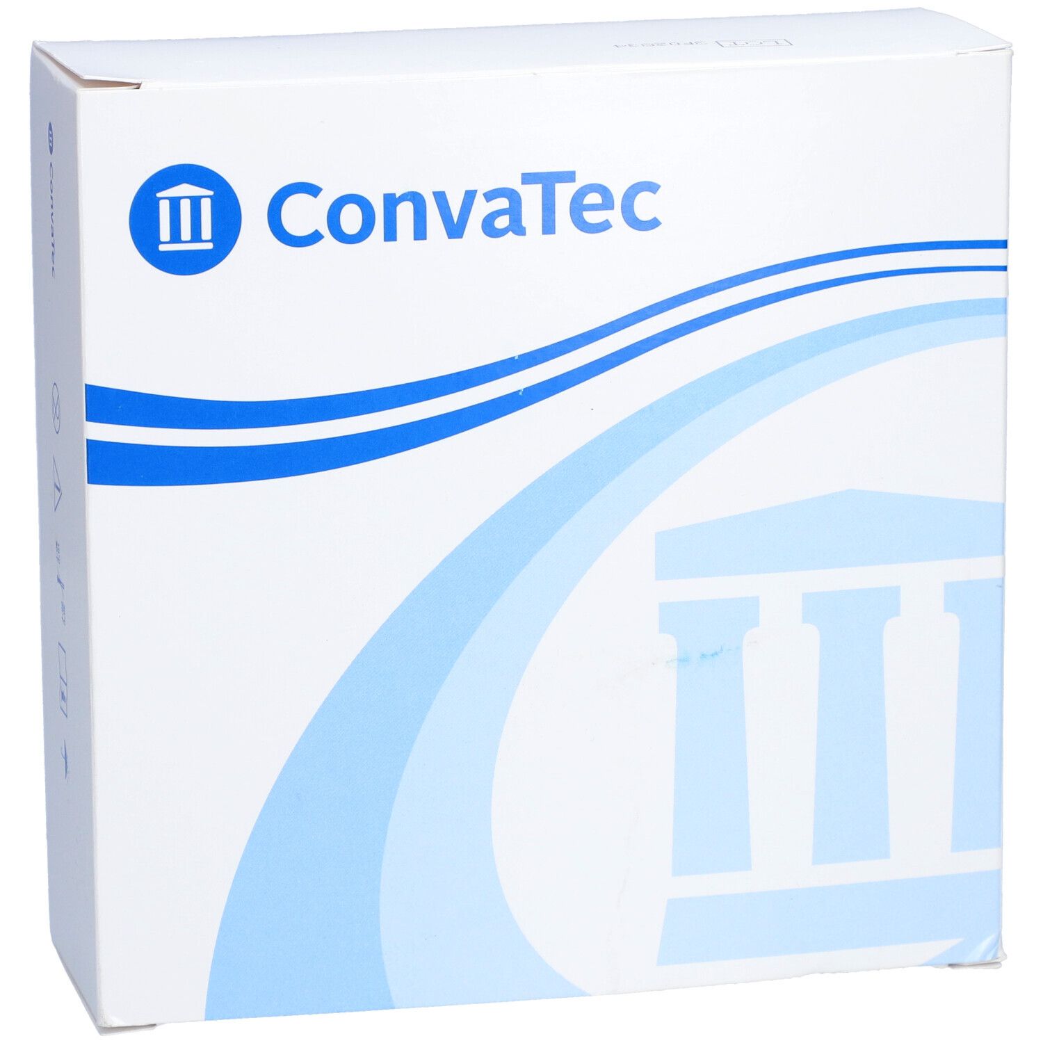 Weiße quadratische Verpackung mit blauem ConvaTec Logo. Wellenmuster und Säulen-Design.