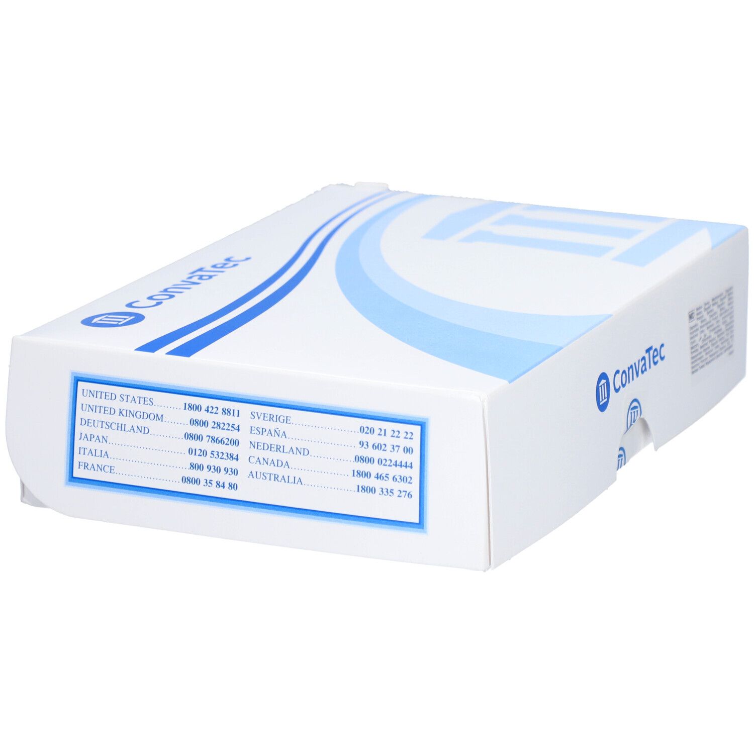 Emballage blanc avec design bleu. Marque Convatec visible. Numéros de téléphone pour différents pays.