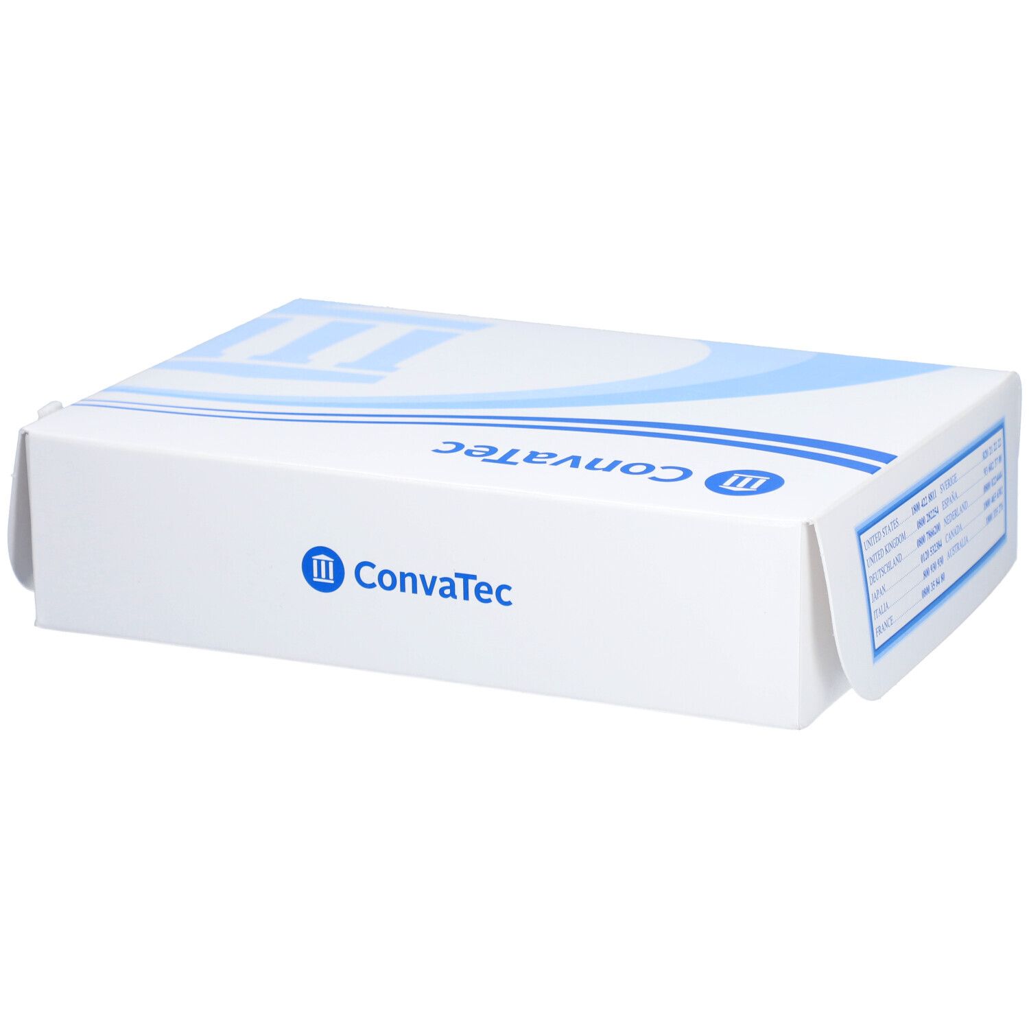 Emballage blanc avec design bleu. La marque Convatec est visible. Emballage du produit.