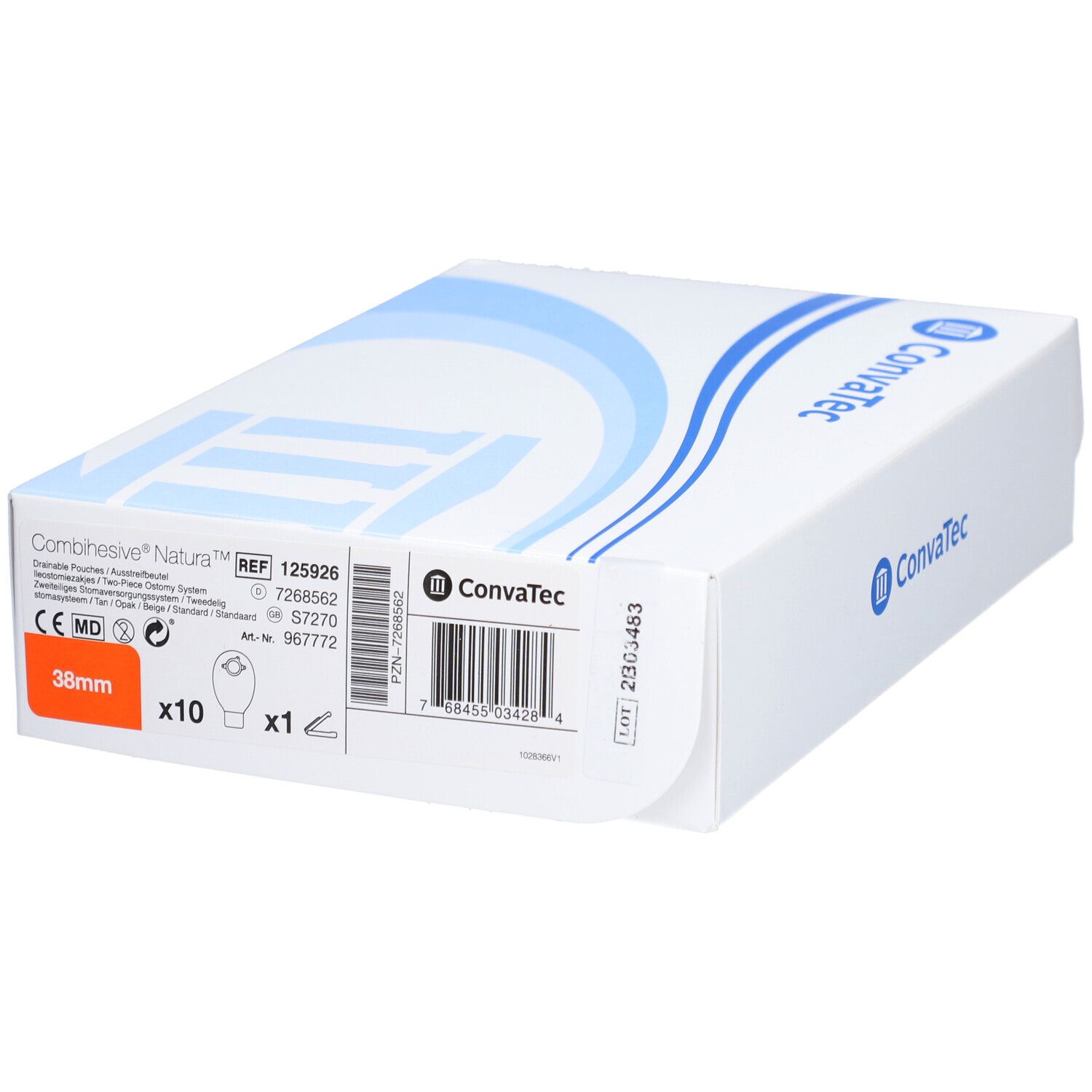 Emballage blanc avec design bleu. Logo Convatec et informations produit. Taille 38mm.