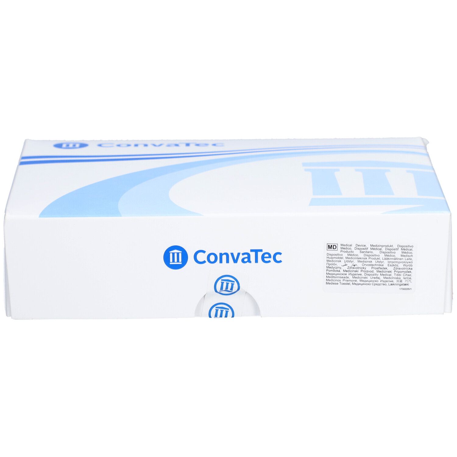 Emballage blanc avec design bleu. Logo Convatec et informations produit. Dispositif médical.