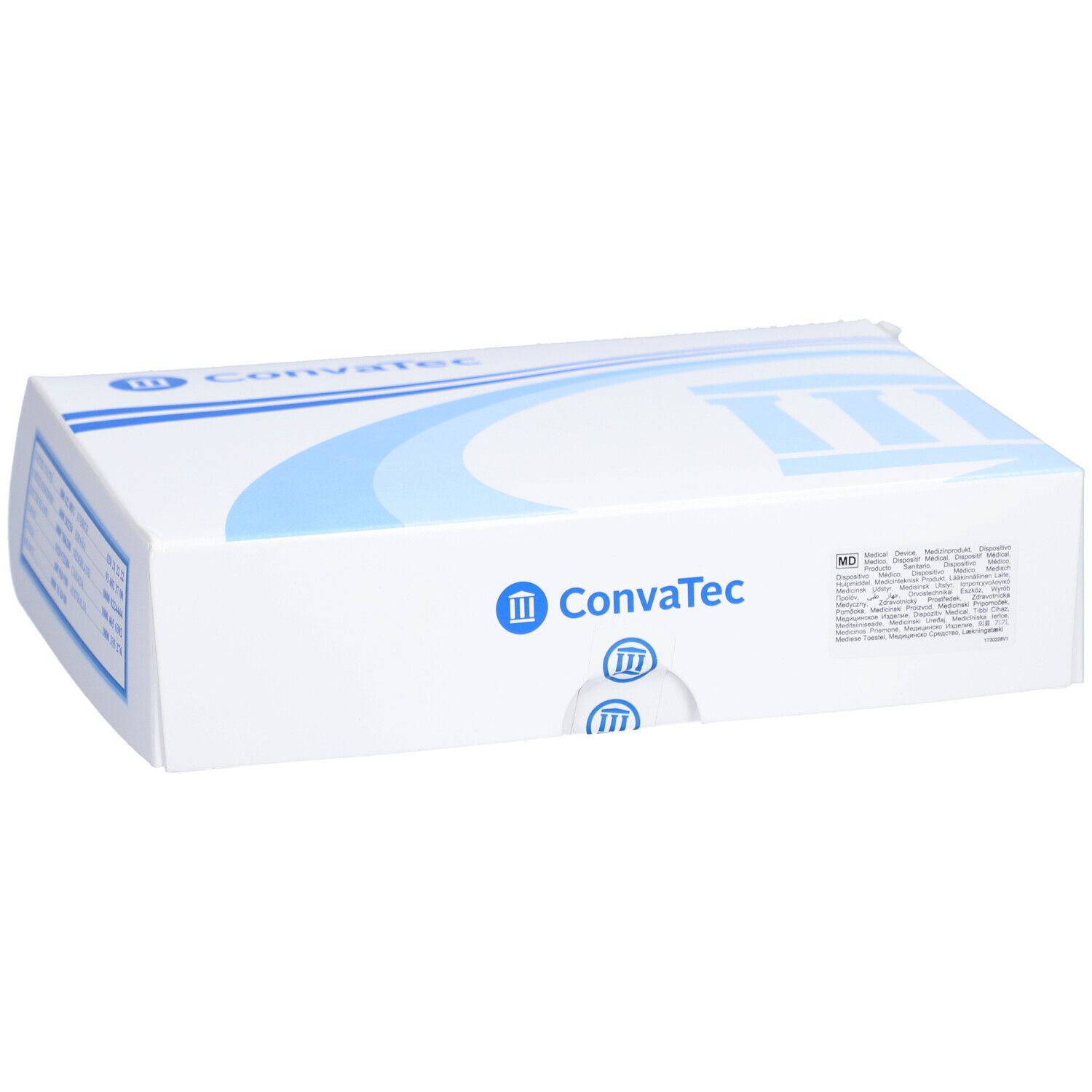 Emballage blanc avec design bleu. Logo Convatec et informations produit. Dispositif médical.