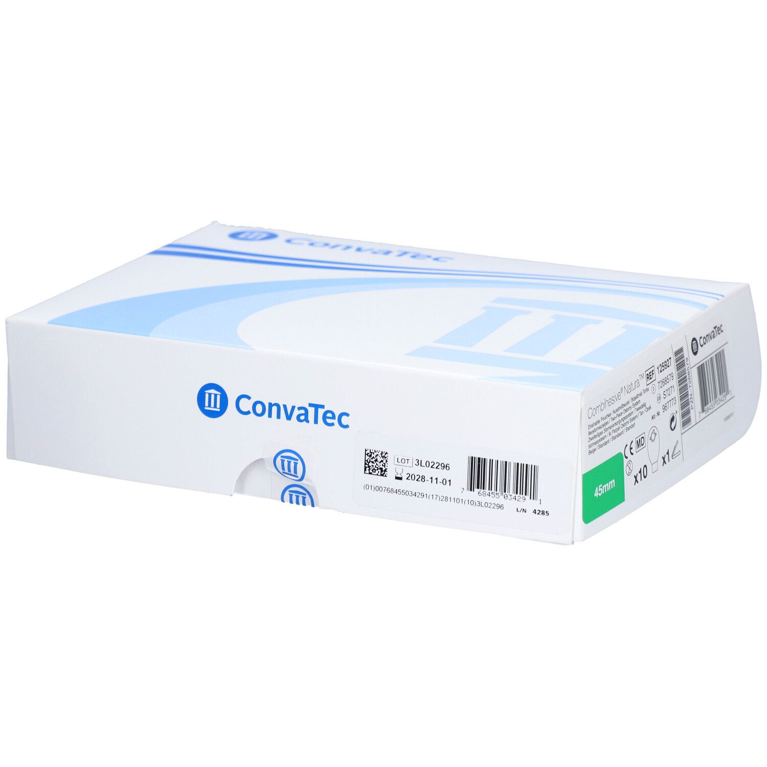 Boîte blanche ConvaTec avec logo bleu. Impression avec code-barres, numéro de lot et taille 45mm.