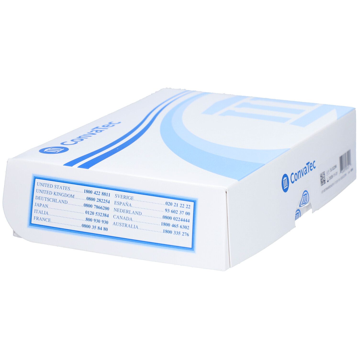 Boîte blanche avec logo bleu ConvaTec. Informations de contact imprimées pour différents pays.