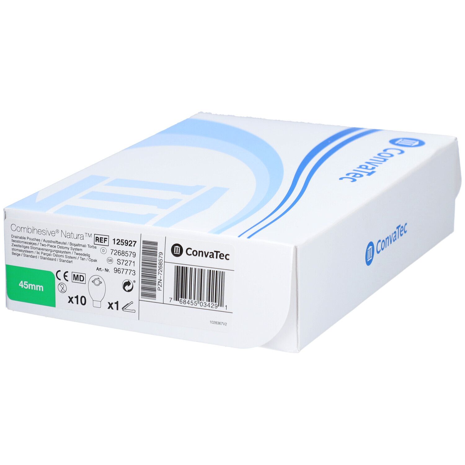 Boîte blanche avec logo bleu ConvaTec. Nom du produit et taille 45mm imprimés. Contient 10 pièces.