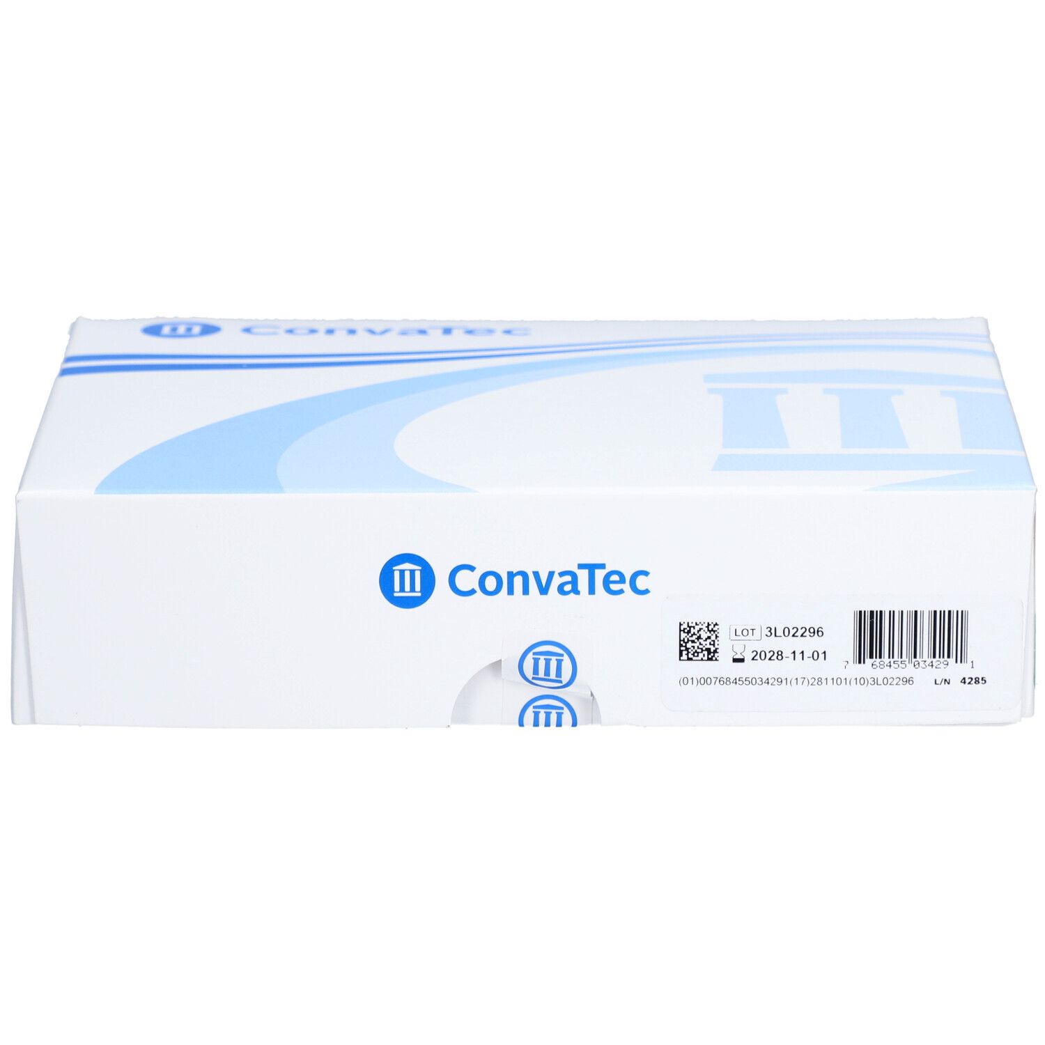 Boîte blanche avec logo bleu ConvaTec. Impressions avec code-barres et numéro de lot.