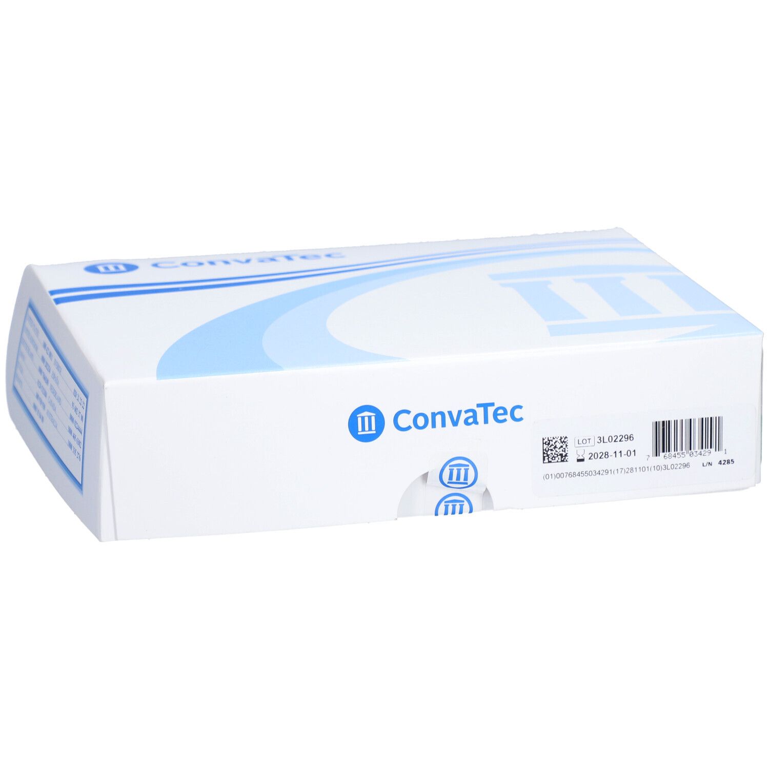 Boîte blanche avec logo bleu ConvaTec. Impressions avec code-barres et numéro de lot.