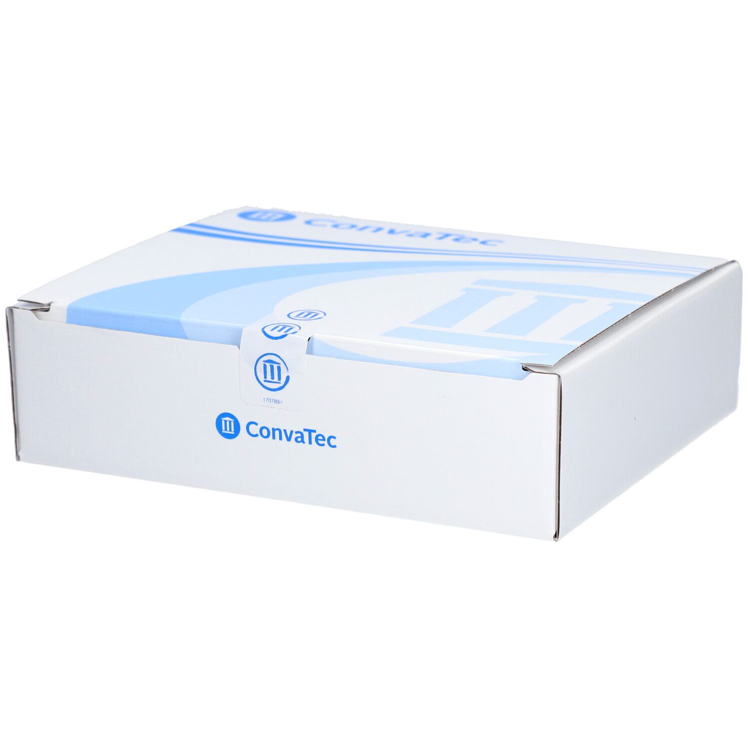 Weiße Verpackung mit blauem Design und Logo von ConvaTec. Geschlossene rechteckige Schachtel.