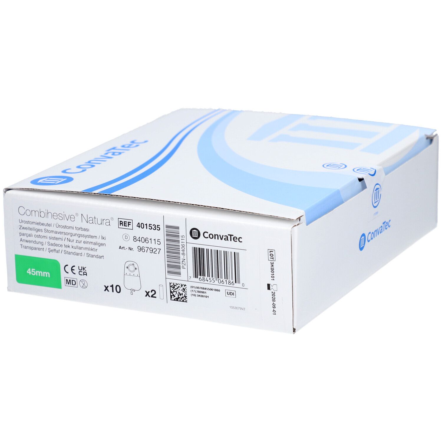 Verpackung mit Produktinformationen. ConvaTec-Logo, Produktname, Größe 45mm, CE-Kennzeichnung.