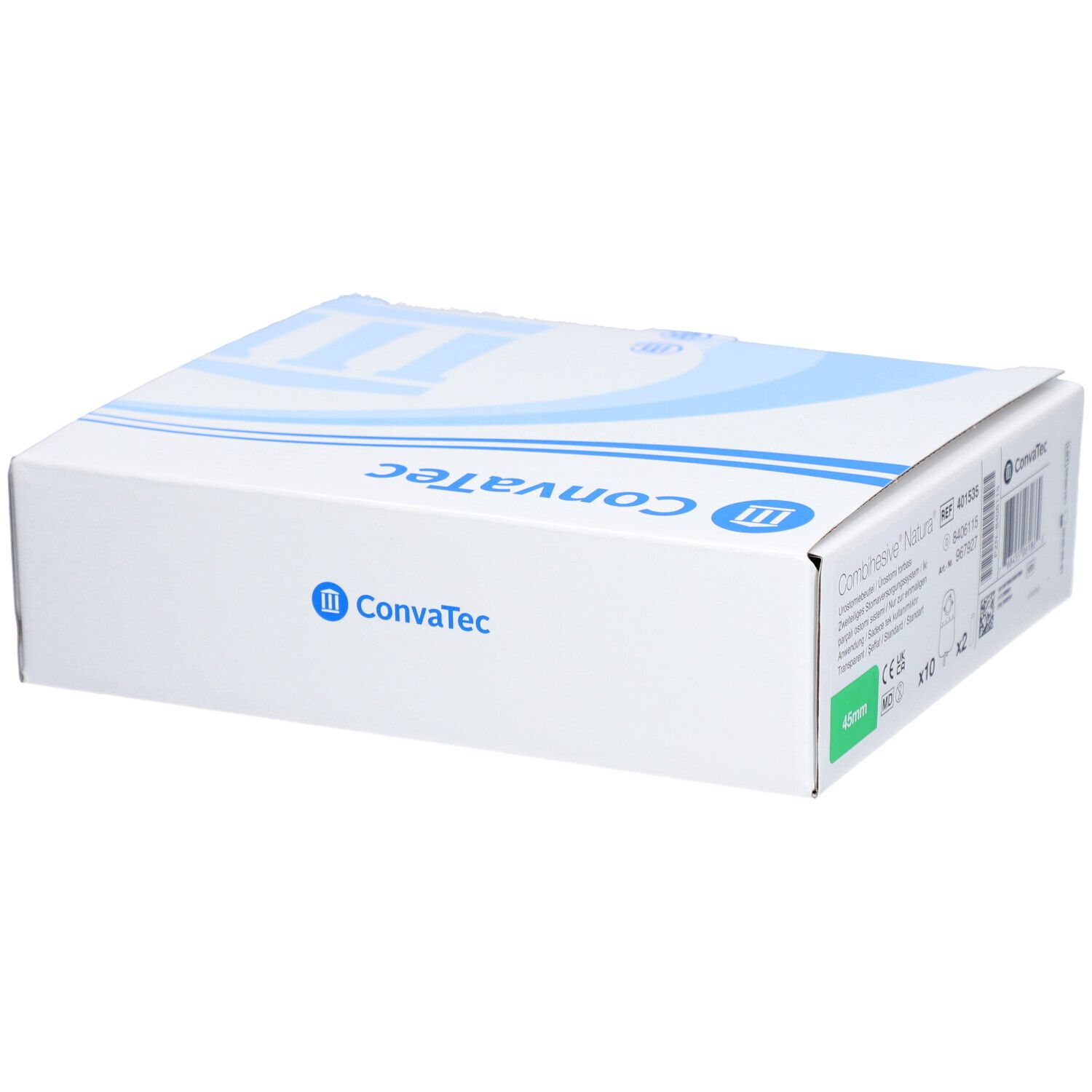 Weiße Verpackung mit blauem Design und ConvaTec-Logo. Geschlossene rechteckige Schachtel.