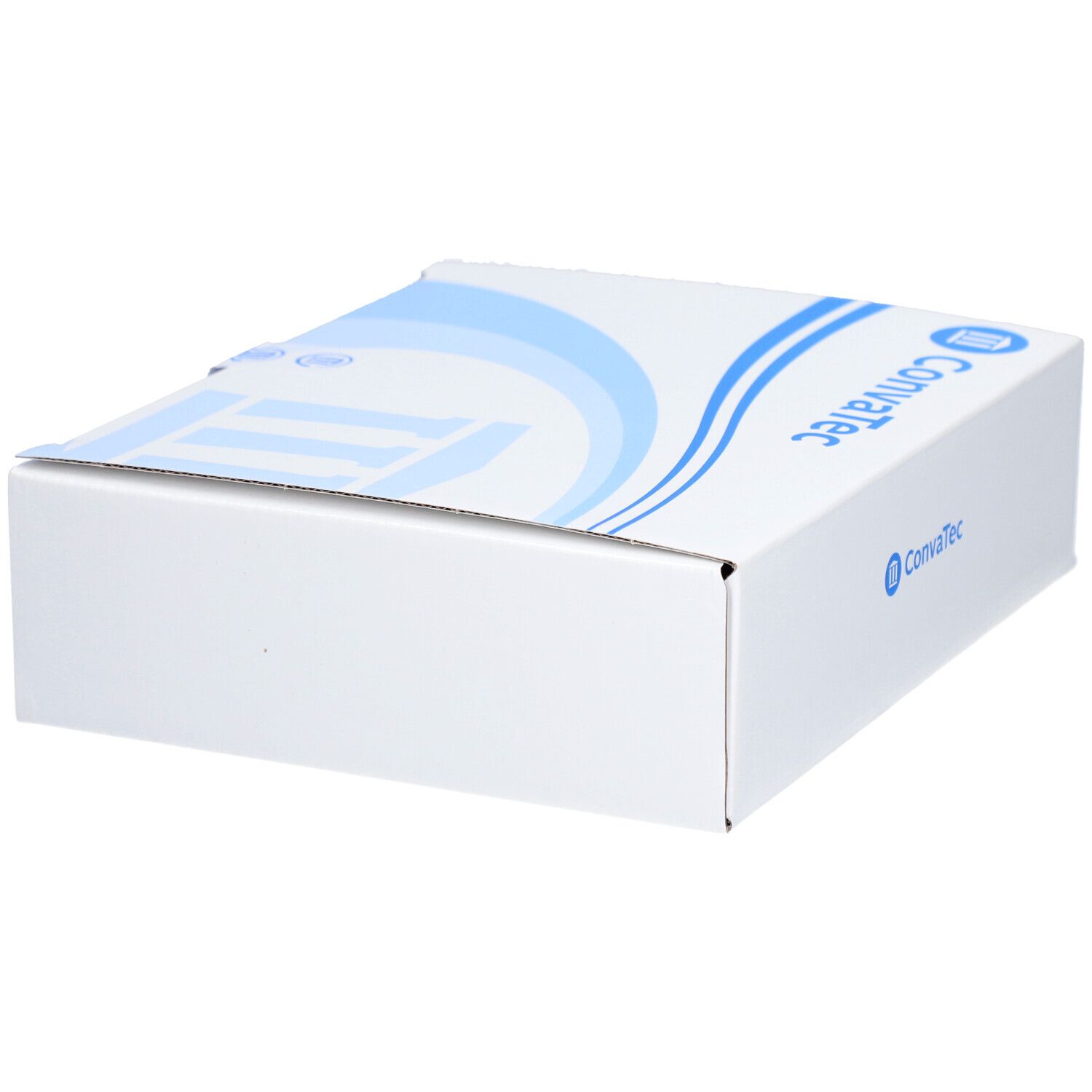 Weiße Verpackung mit blauem Design und ConvaTec-Logo. Geschlossene rechteckige Schachtel.