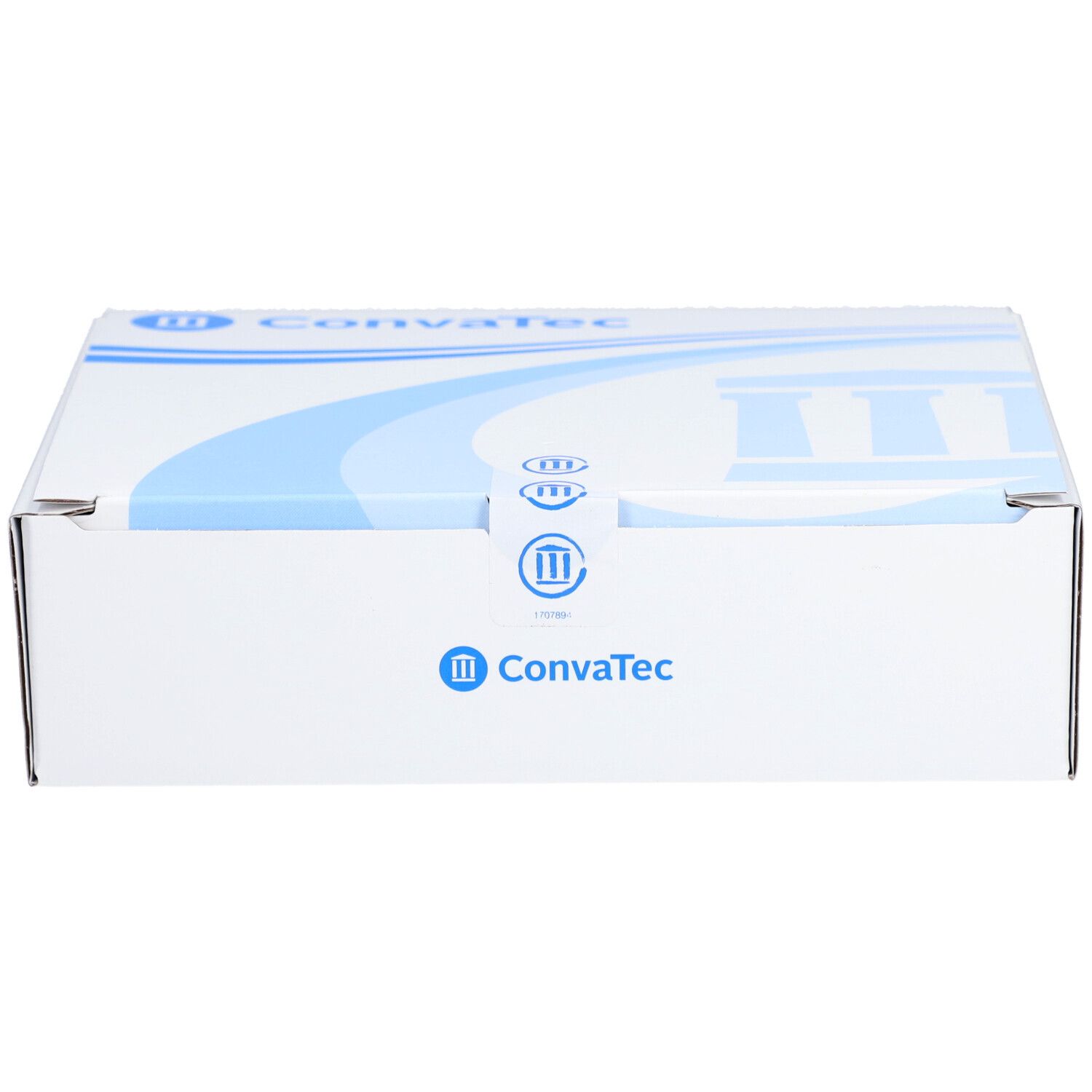 Weiße Verpackung mit blauem Design und ConvaTec-Logo. Geschlossene rechteckige Schachtel.