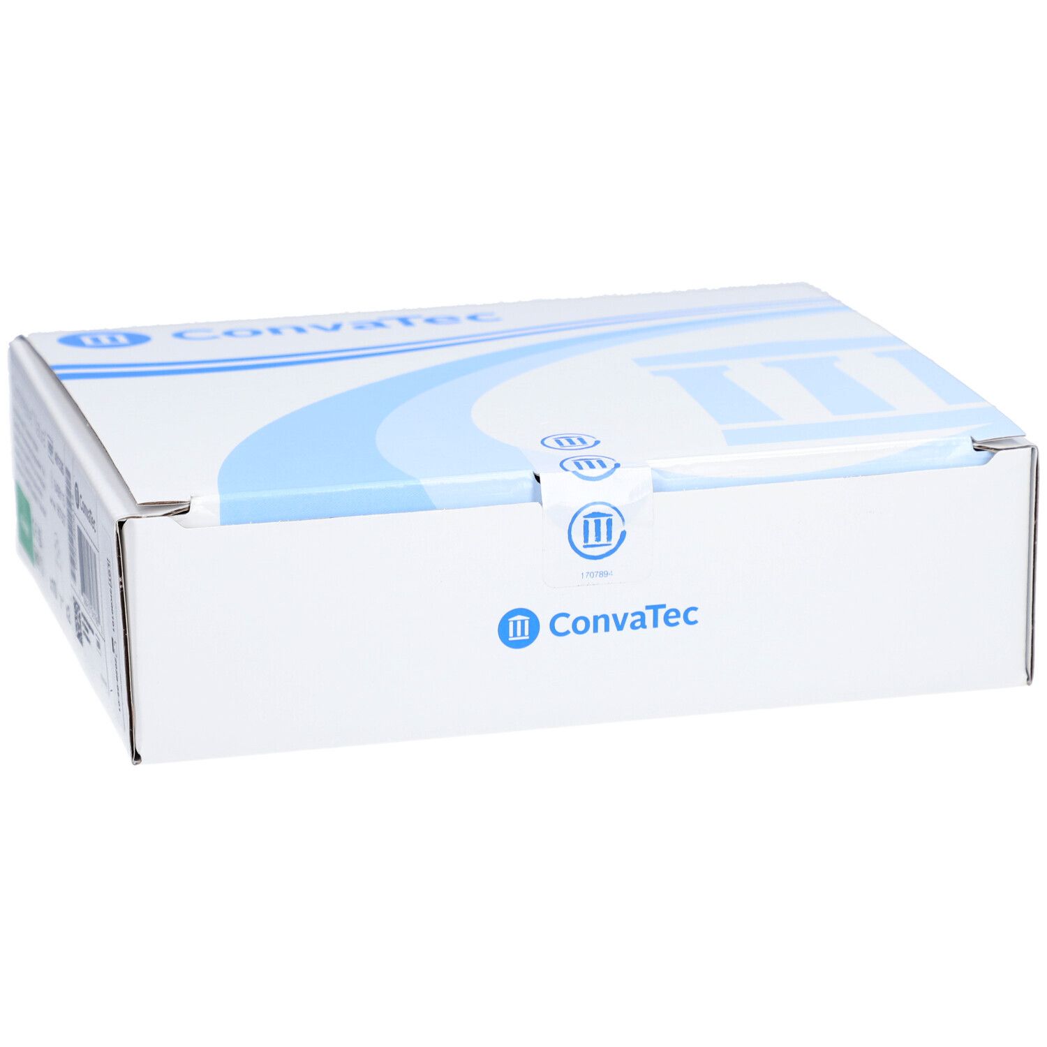 Weiße Verpackung mit blauem Design und ConvaTec-Logo. Geschlossene rechteckige Schachtel.