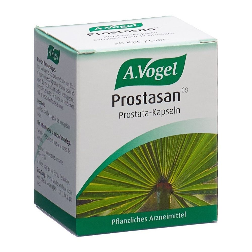 Kartonverpackung mit A. Vogel Prostasan. Grün-weiße Schachtel mit Produktnamen und Logo. Pflanzliches Arzneimittel.