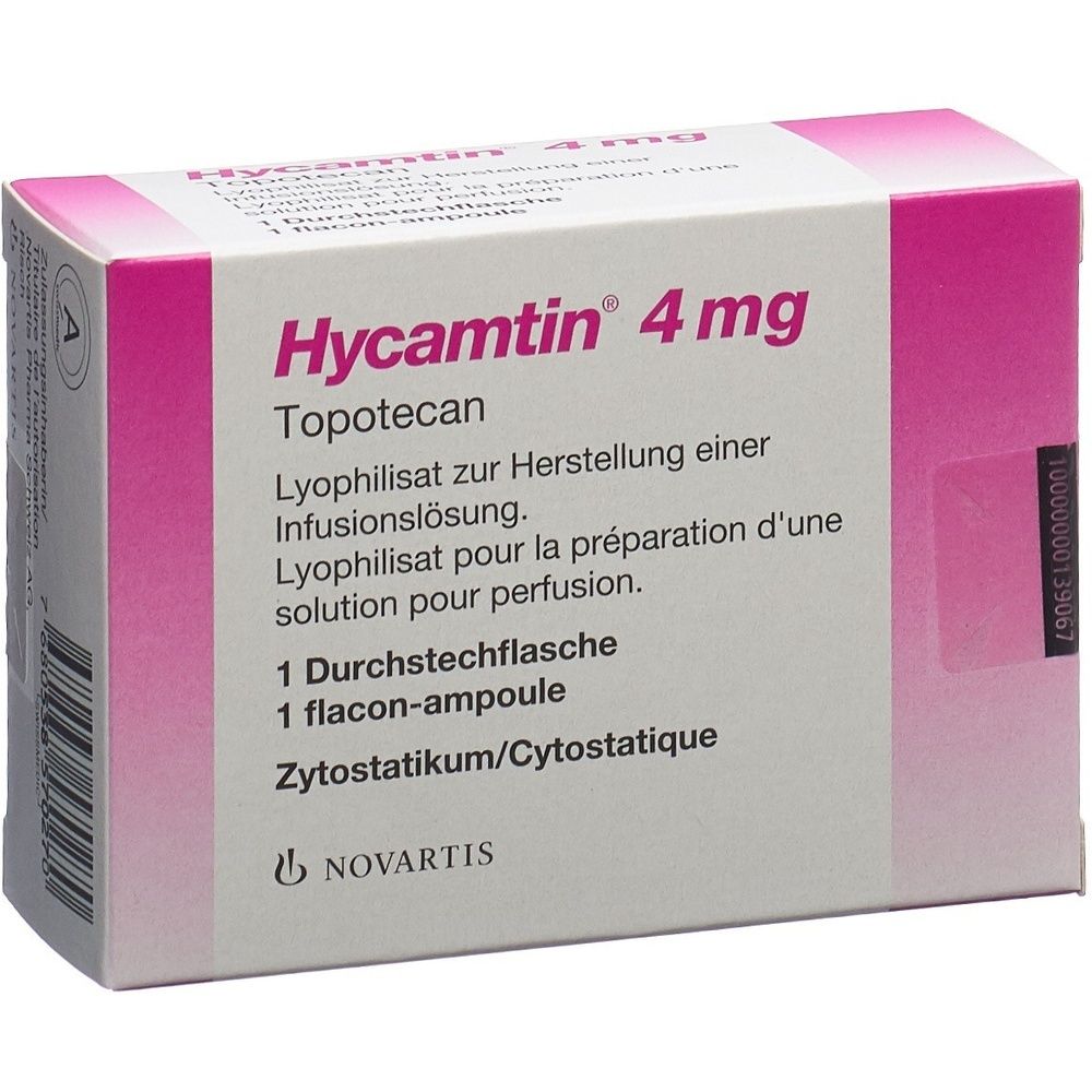 Kartonverpackung mit Produktinformationen. Text: HYCAMTIN 4 mg. Rosa und weiße Farbgebung. Aufschrift in mehreren Sprachen.