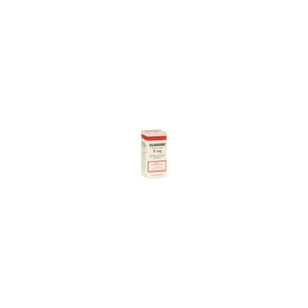 Boîte en carton avec couvercle rouge. Inscription: ELDISINE 5 mg. Texte blanc sur fond rouge. Texte sur l'emballage.