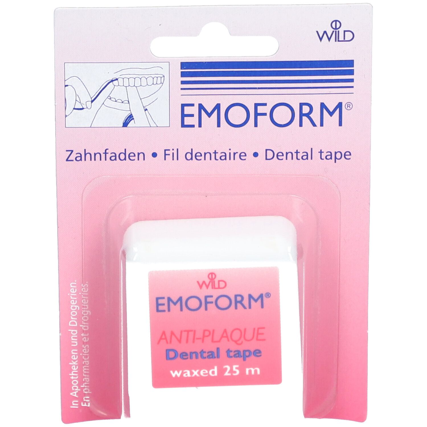 Rosa Verpackung mit EMOFORM® Zahnseide. Oben Logo und Produktname. Unten Produktname und "Anti-Plaque".