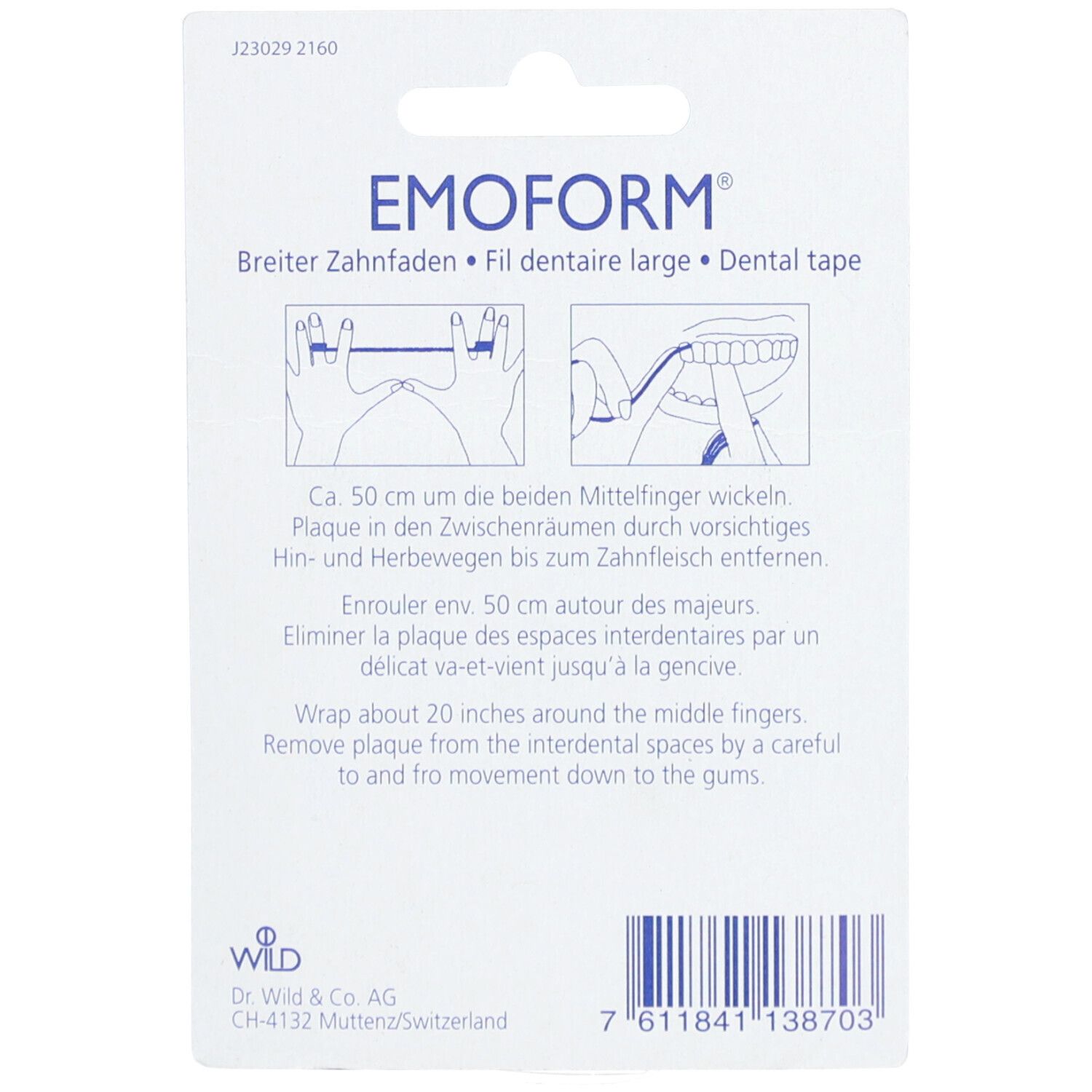 Rückseite der EMOFORM® Zahnseide-Verpackung. Produktname, Anwendungsbeispiele und Text in mehreren Sprachen.
