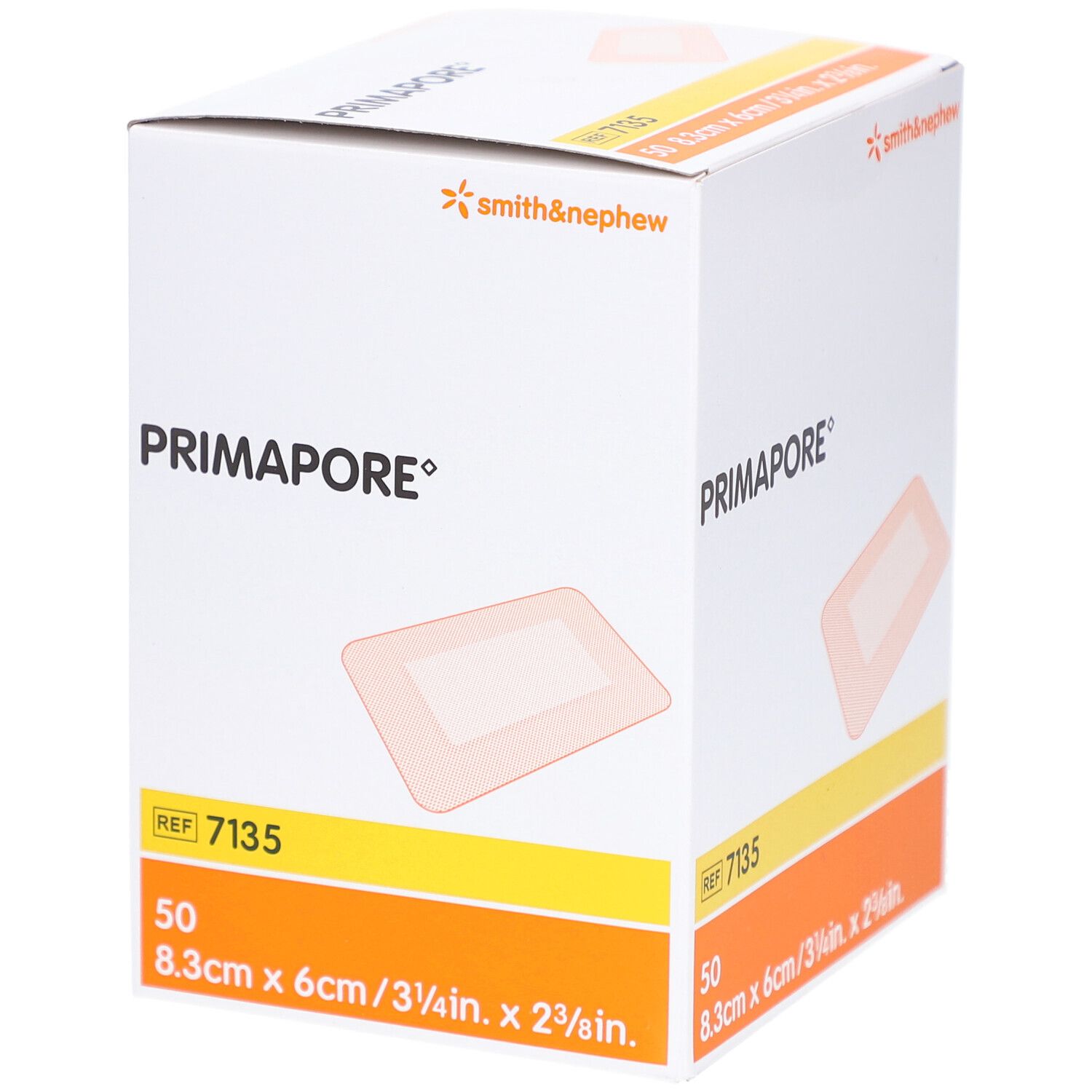 Verpackung mit PRIMAPORE® Wundverband. Enthält 50 Stück, 8,3x6cm. Marke Smith & Nephew.