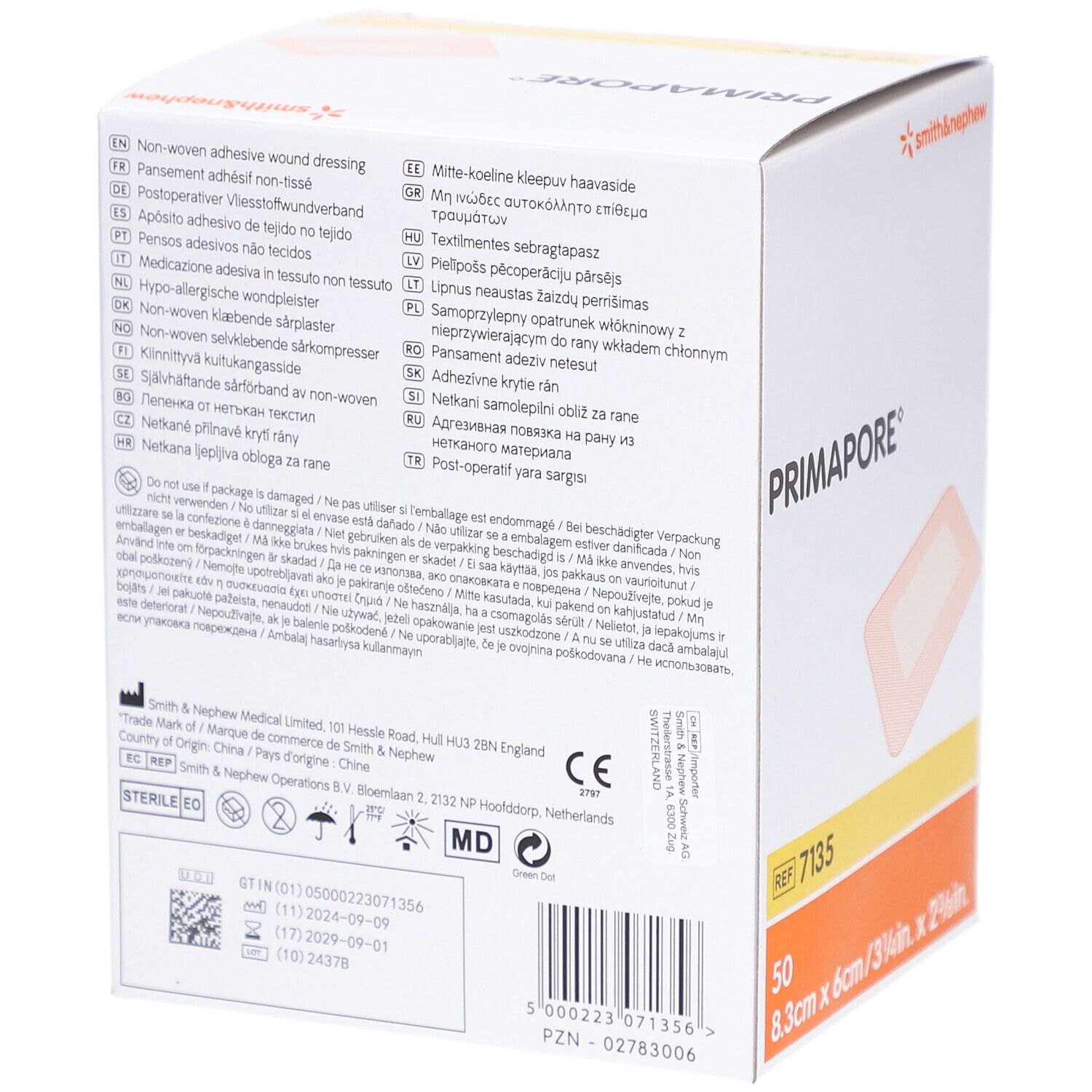 Rückseite der Verpackung mit Informationen zu PRIMAPORE® Wundverbänden. Enthält Text in mehreren Sprachen.