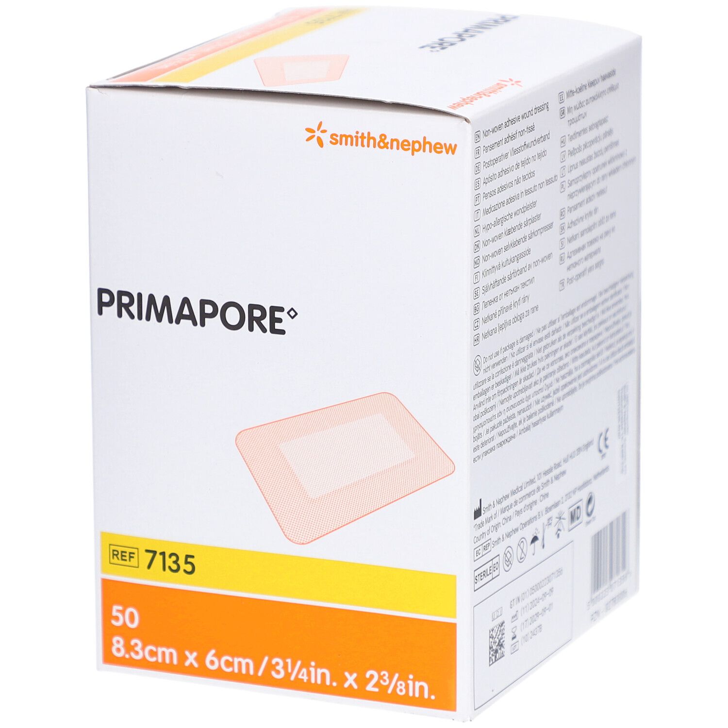 Verpackung mit PRIMAPORE® Wundverband. Enthält 50 Stück, 8,3x6cm. Marke Smith & Nephew.