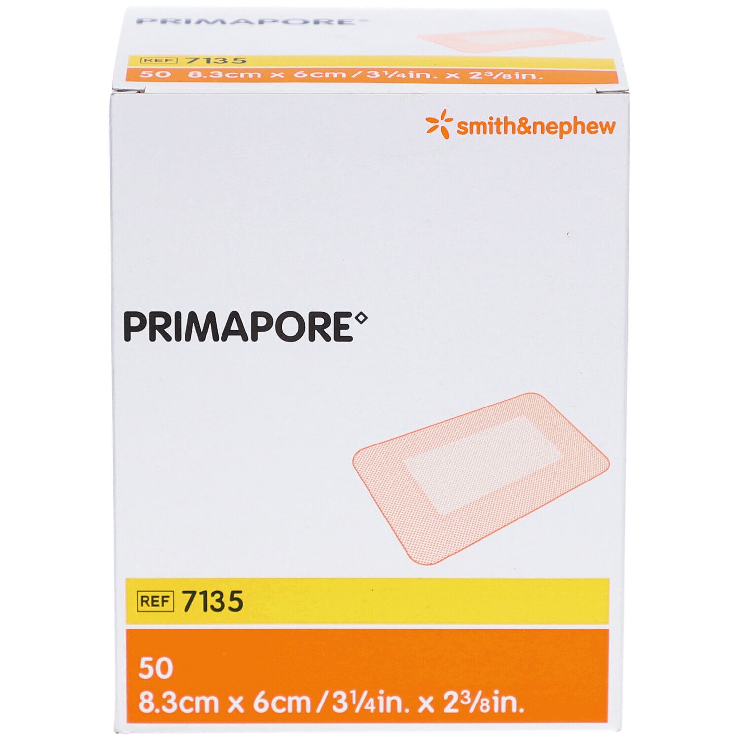 Verpackung mit PRIMAPORE® Wundverband. Enthält 50 Stück, 8,3x6cm. Marke Smith & Nephew.