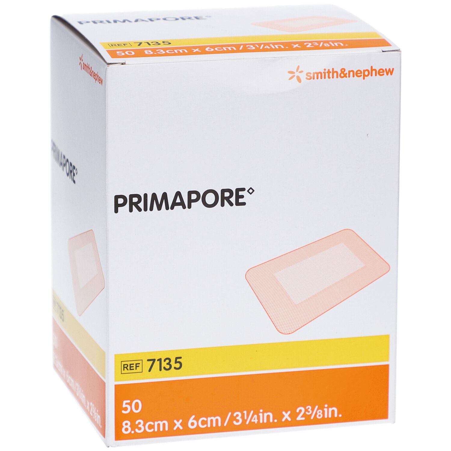 Verpackung mit PRIMAPORE® Wundverband. Enthält 50 Stück, 8,3x6cm. Marke Smith & Nephew.