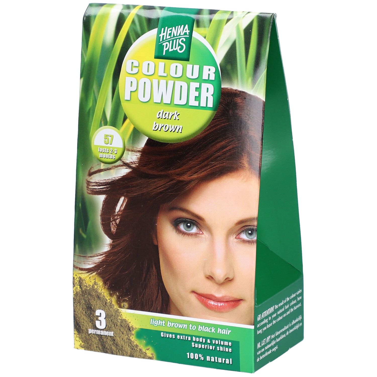 Emballage HENNA PLUS Colour Powder 57 braun. Femme aux cheveux bruns. Emballage vert et blanc avec informations produit.