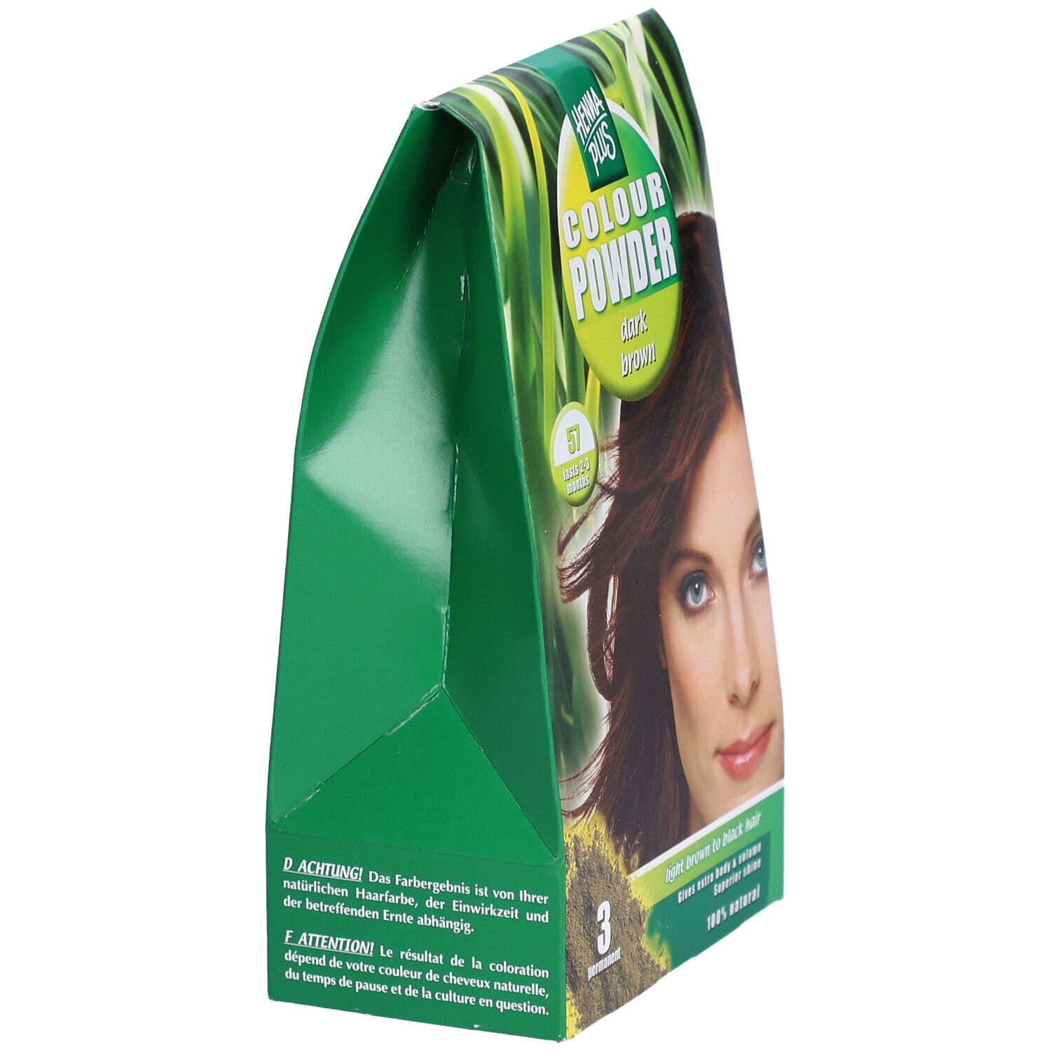 Vue latérale de l'emballage HENNA PLUS Colour Powder 57 braun. Vert. Texte: Colour Powder, dark brown, 57.