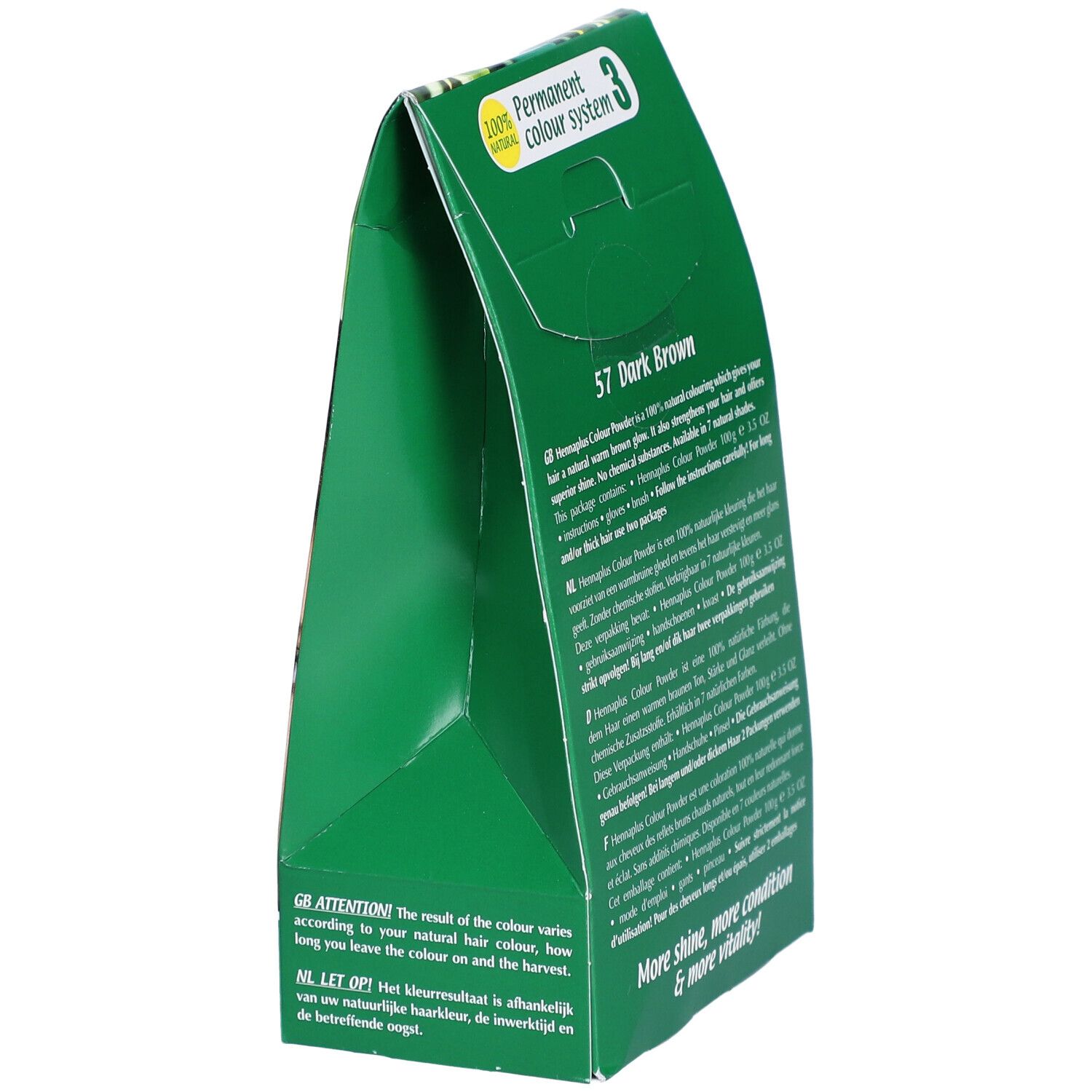 Vue latérale de l'emballage HENNA PLUS Colour Powder 57 braun. Texte multilingue. Vert. 100% naturel.
