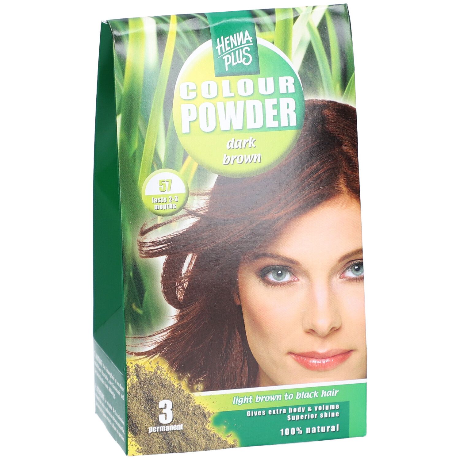 Emballage HENNA PLUS Colour Powder 57 braun. Femme aux cheveux bruns. Emballage vert et blanc avec informations produit.